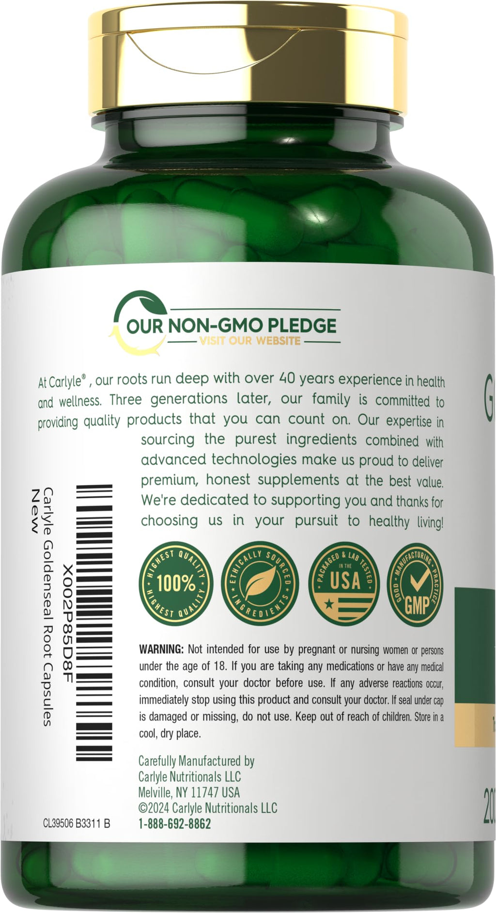 Carlyle Goldenseal Root Capsules 1000mg - 200 Count | Non-GMO & Gluten Free | Traditional Herb Supplement