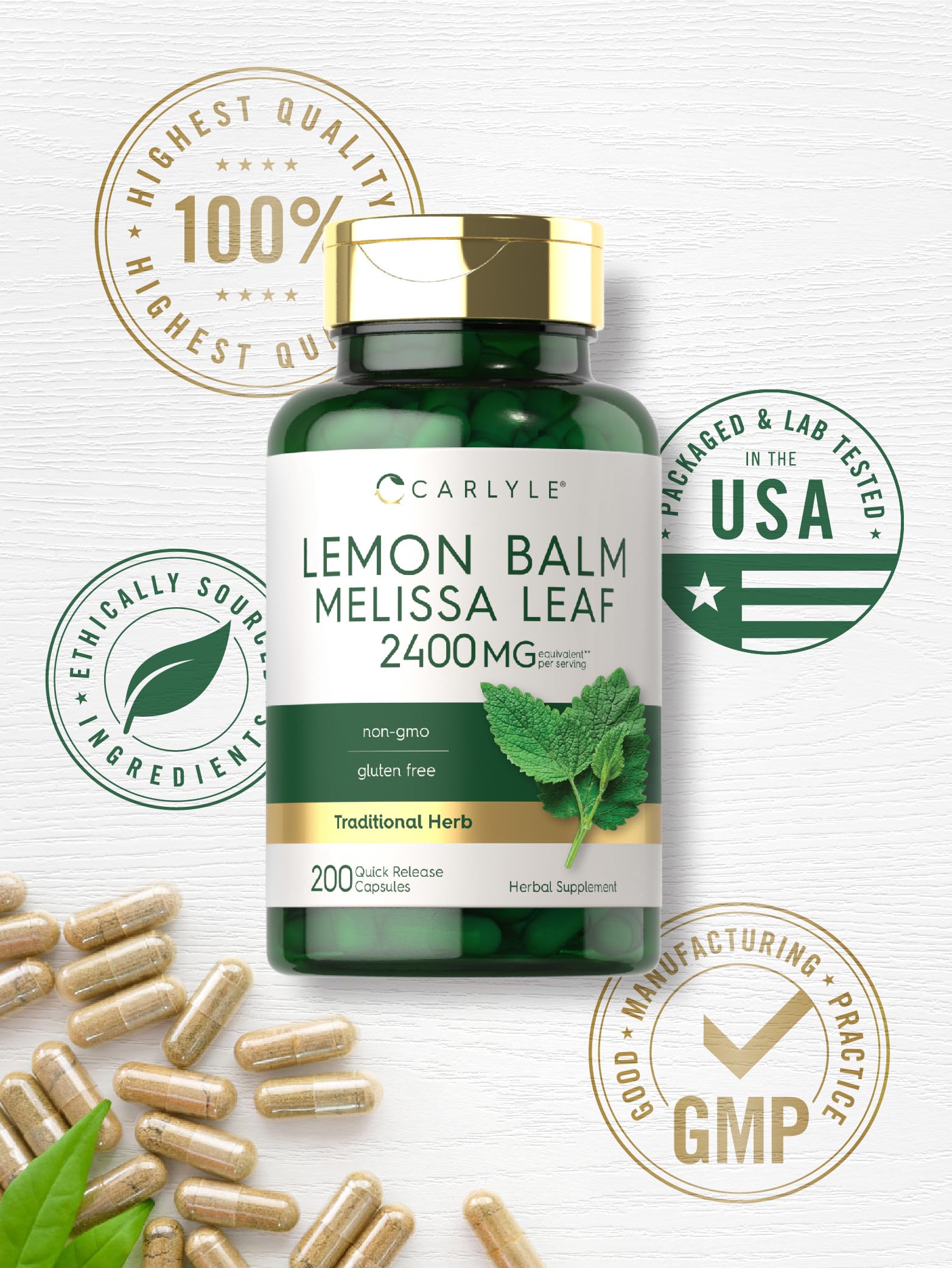 Carlyle Lemon Balm Capsules | 200 Count | Non-GMO and Gluten Free Formula | Melissa Leaf Traditional Herbal Supplement | Super Concentrated Extract