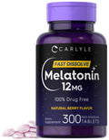Carlyle Melatonin 12 mg Fast Dissolve – 300 Tablets | Berry Flavor | Drug Free, Vegetarian, Non-GMO, Gluten Free