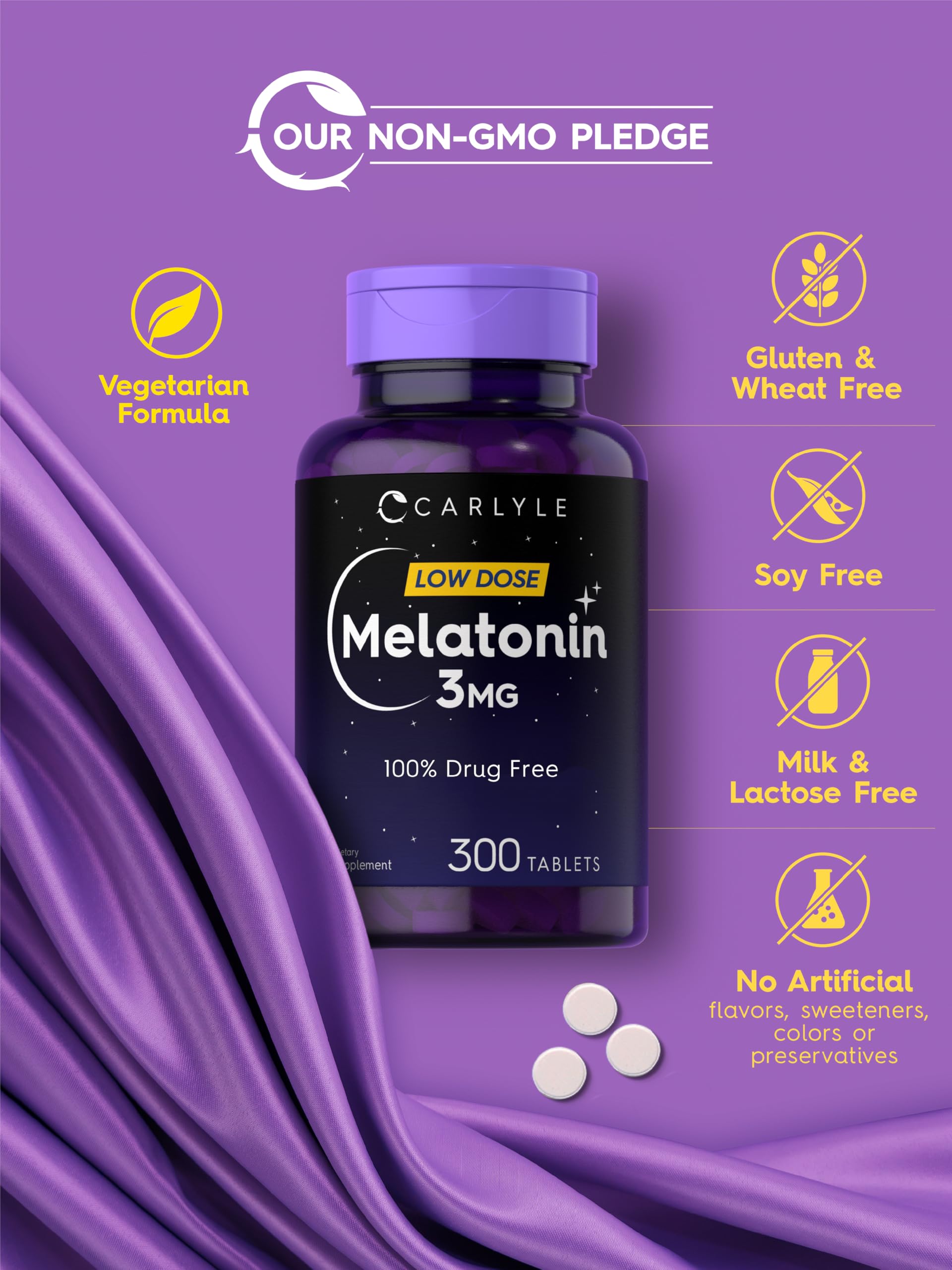 Carlyle Melatonin 3mg – 300 Tablets | Drug-Free, Gluten-Free, Vegetarian