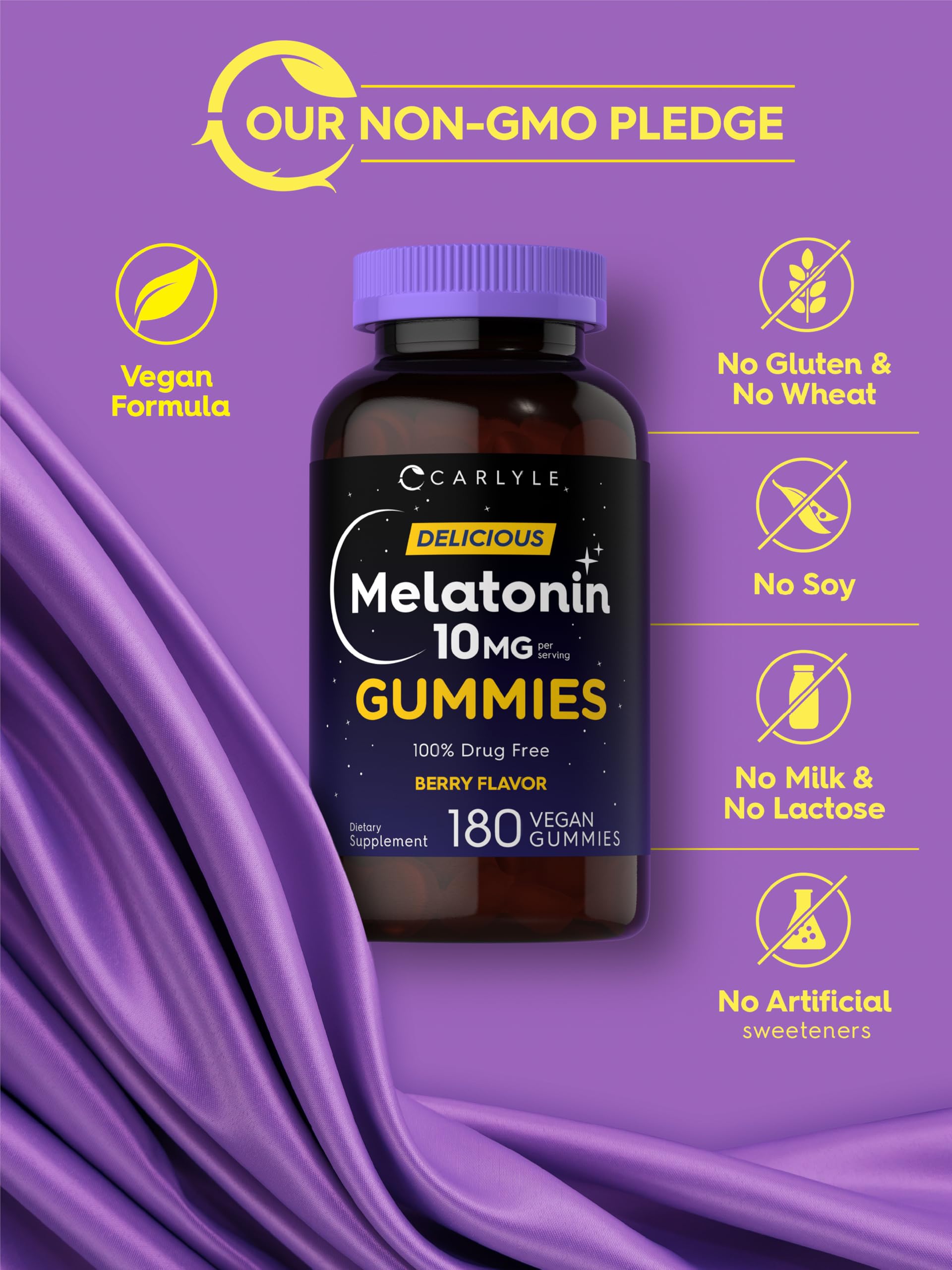 Carlyle Melatonin Gummies 10mg | 180 Count (Pack of 2) – Berry Flavor, Vegan, Non-GMO, Gluten Free