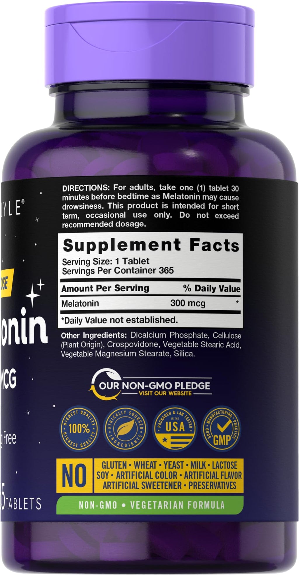Carlyle Melatonin 300 mcg - 365 Tablets | Low Dose, Vegetarian, Gluten Free