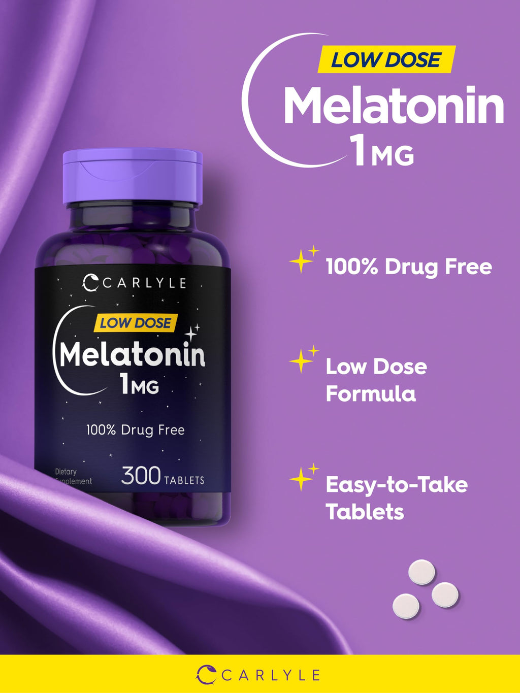 Carlyle Melatonin 1 mg - 300 Low-Dose Tablets - Vegetarian, Non-GMO, Gluten Free