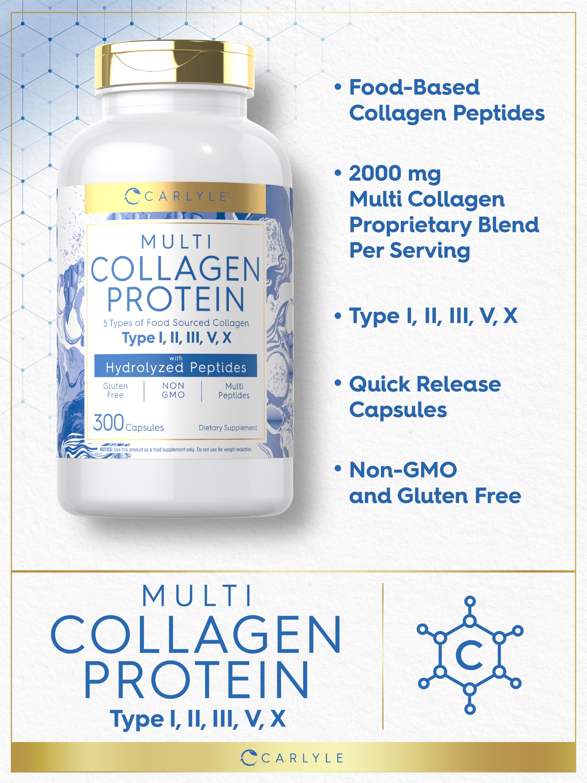 Carlyle Multi Collagen 2000mg Capsules – 300 Count | Keto & Gluten Free