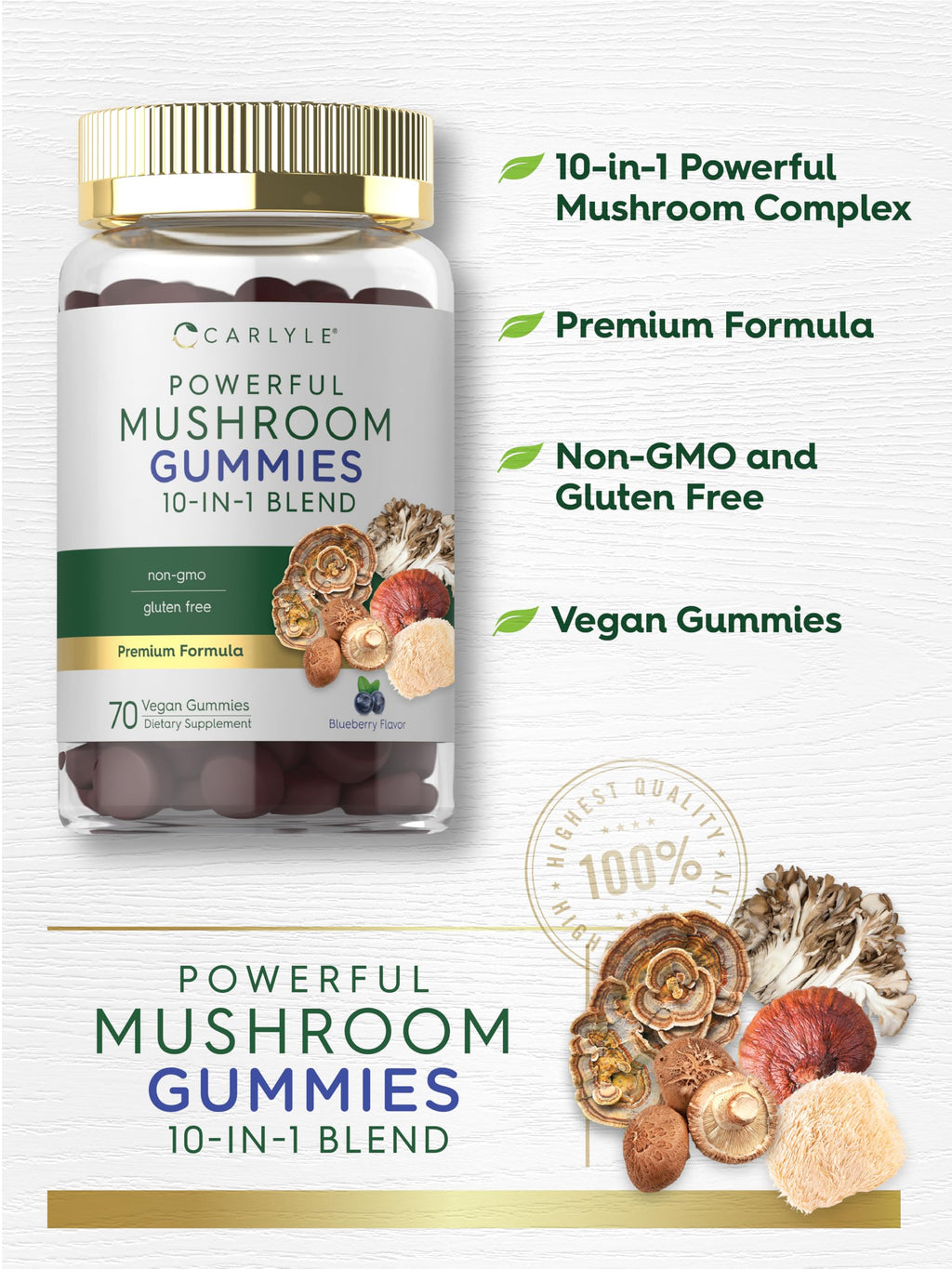 Carlyle Mushroom Supplement Gummies | 70 Vegan Gummies | 10-in-1 Blend | Non-GMO & Gluten Free