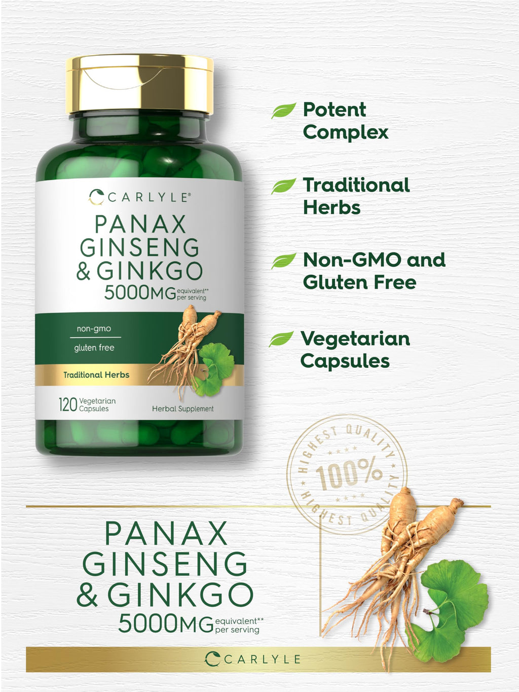 Carlyle Panax Ginseng & Ginkgo 5000mg | 120 Veg Capsules | Non-GMO & Gluten Free