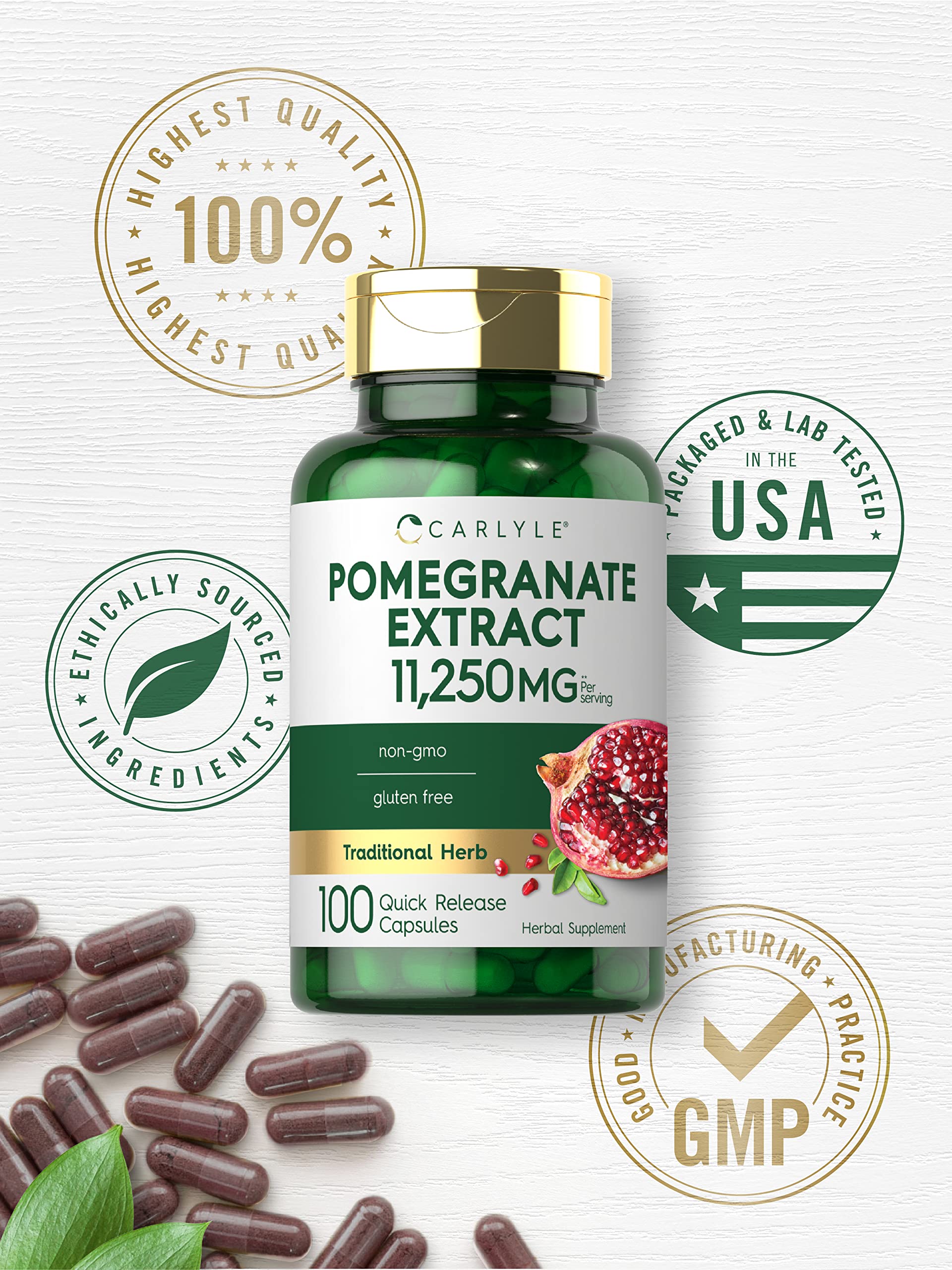 Carlyle Pomegranate Extract | 11250mg | 100 Capsules | Non-GMO, Gluten Free Supplement | Traditional Herb