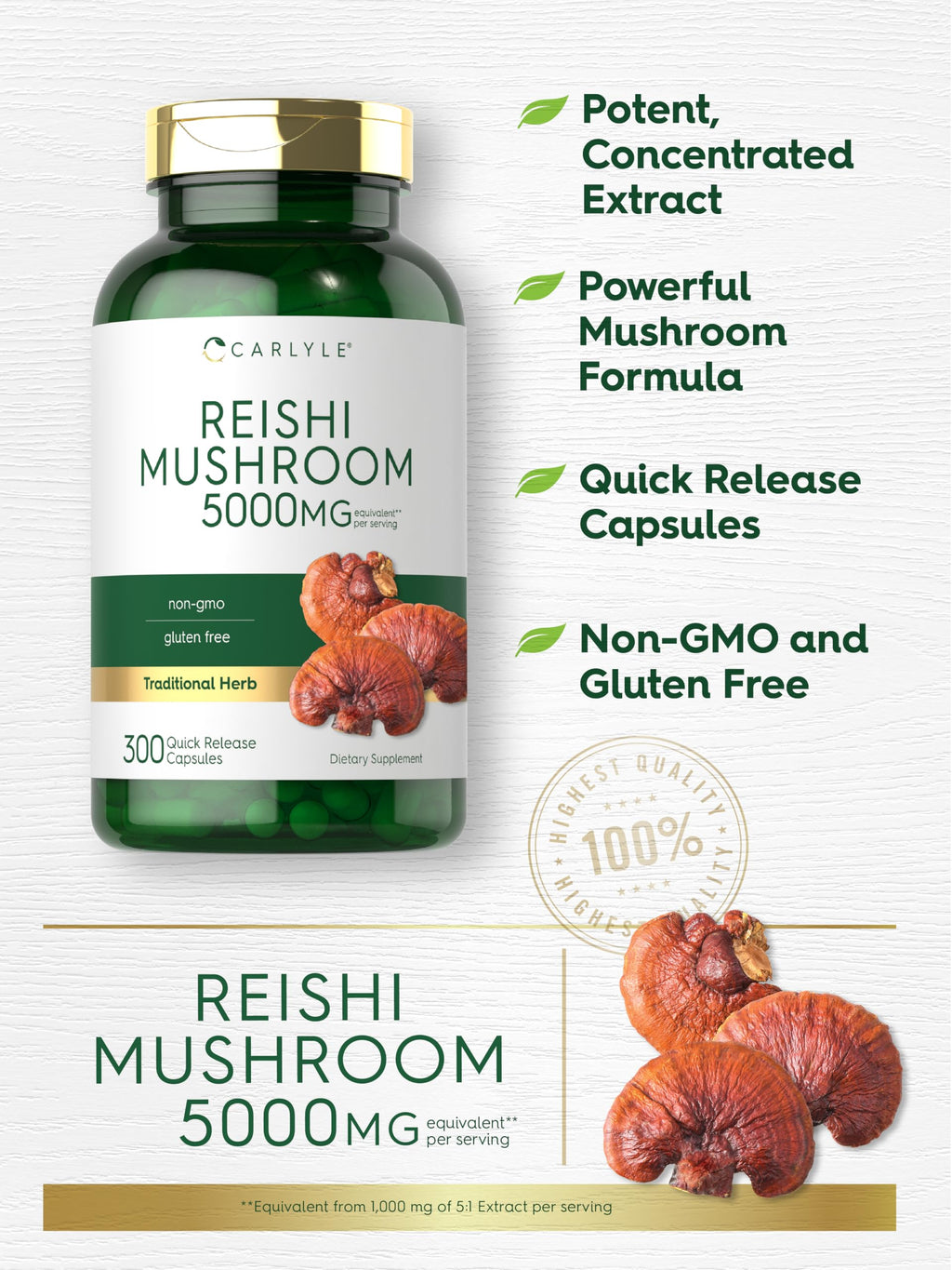 Carlyle Reishi Mushroom 5000mg | 300 Capsules | Non-GMO, Gluten Free