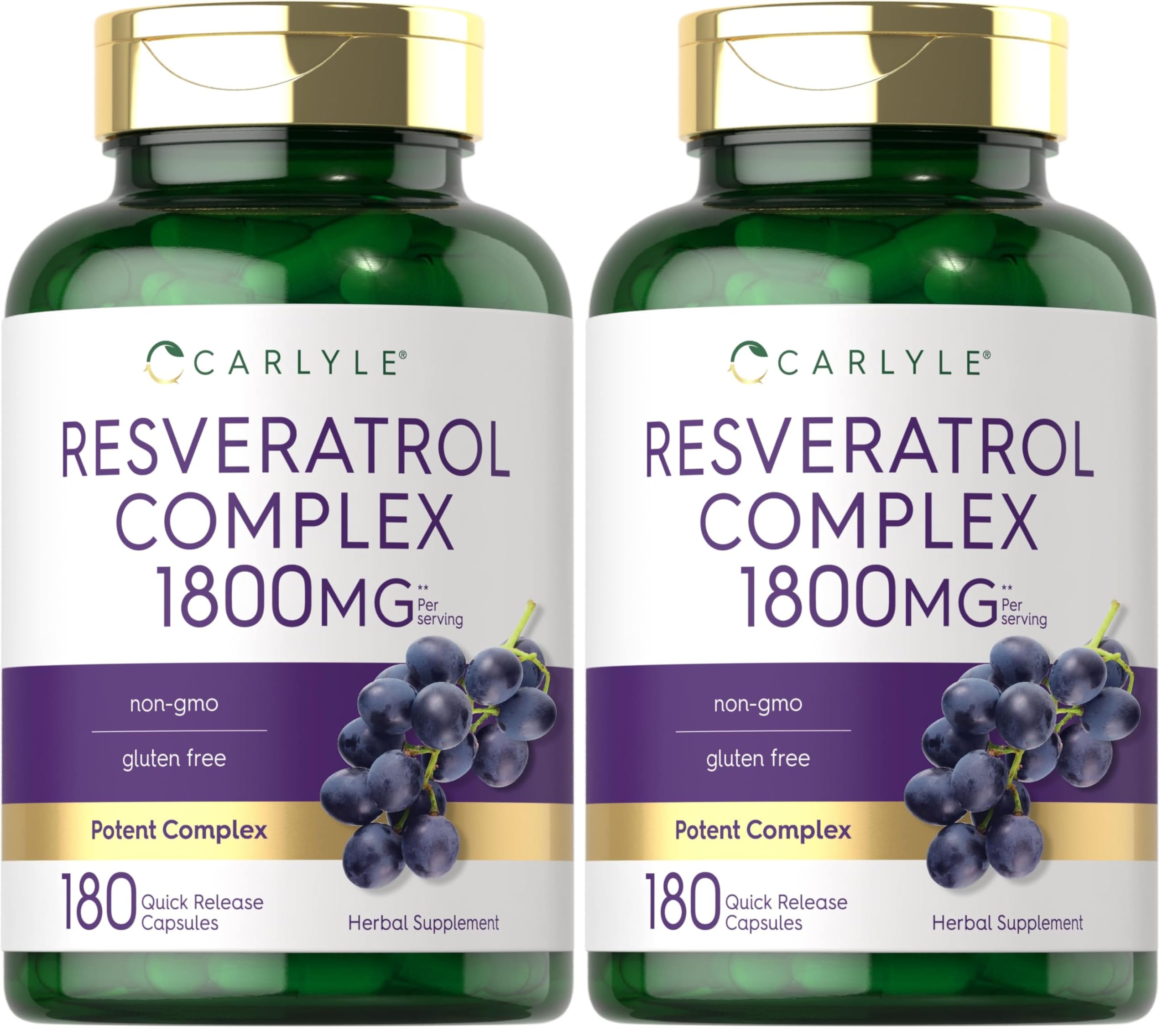 Carlyle Resveratrol 1800mg Supplement – 180 Capsules, Non-GMO & Gluten Free | Pack of 2