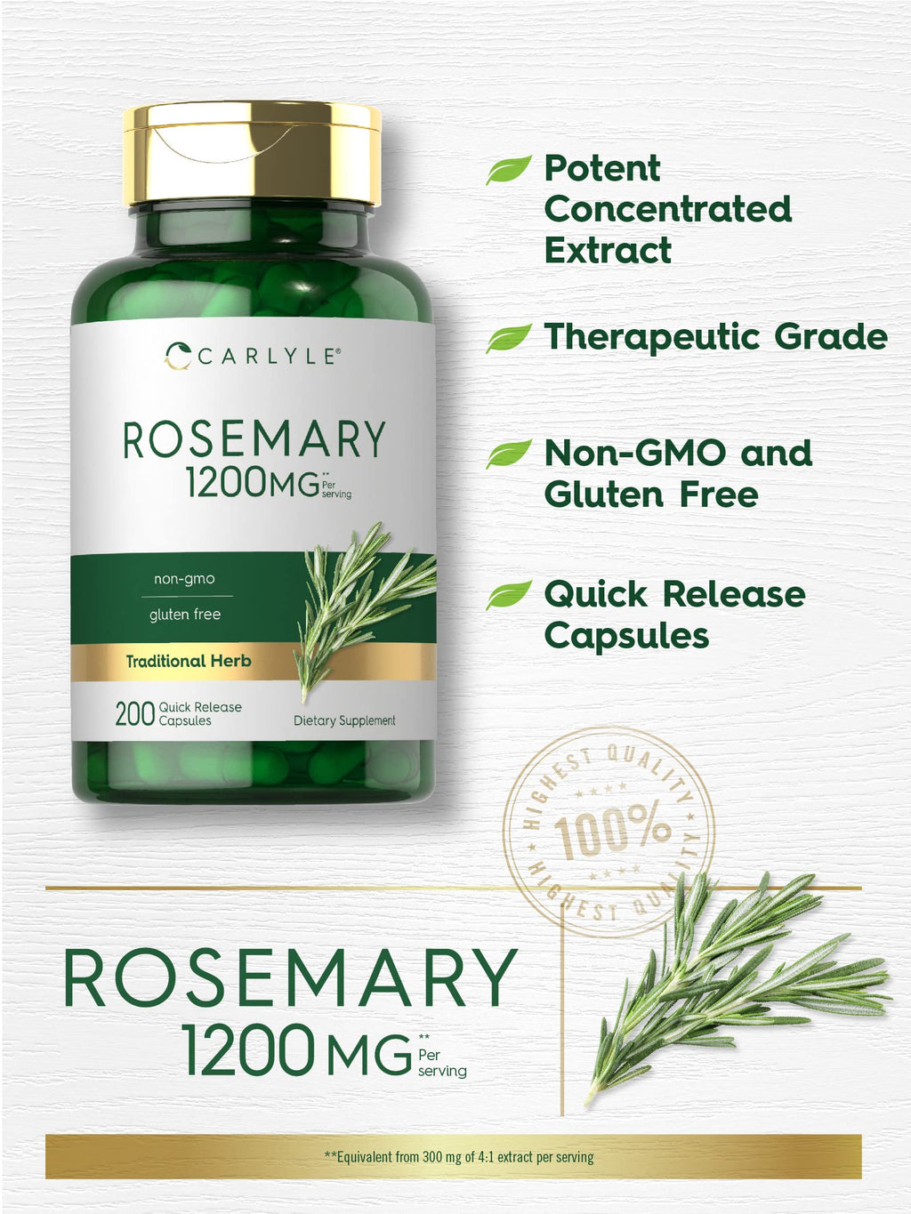 Carlyle Rosemary Capsules 1200mg | 200 Count | Non-GMO & Gluten-Free Extract