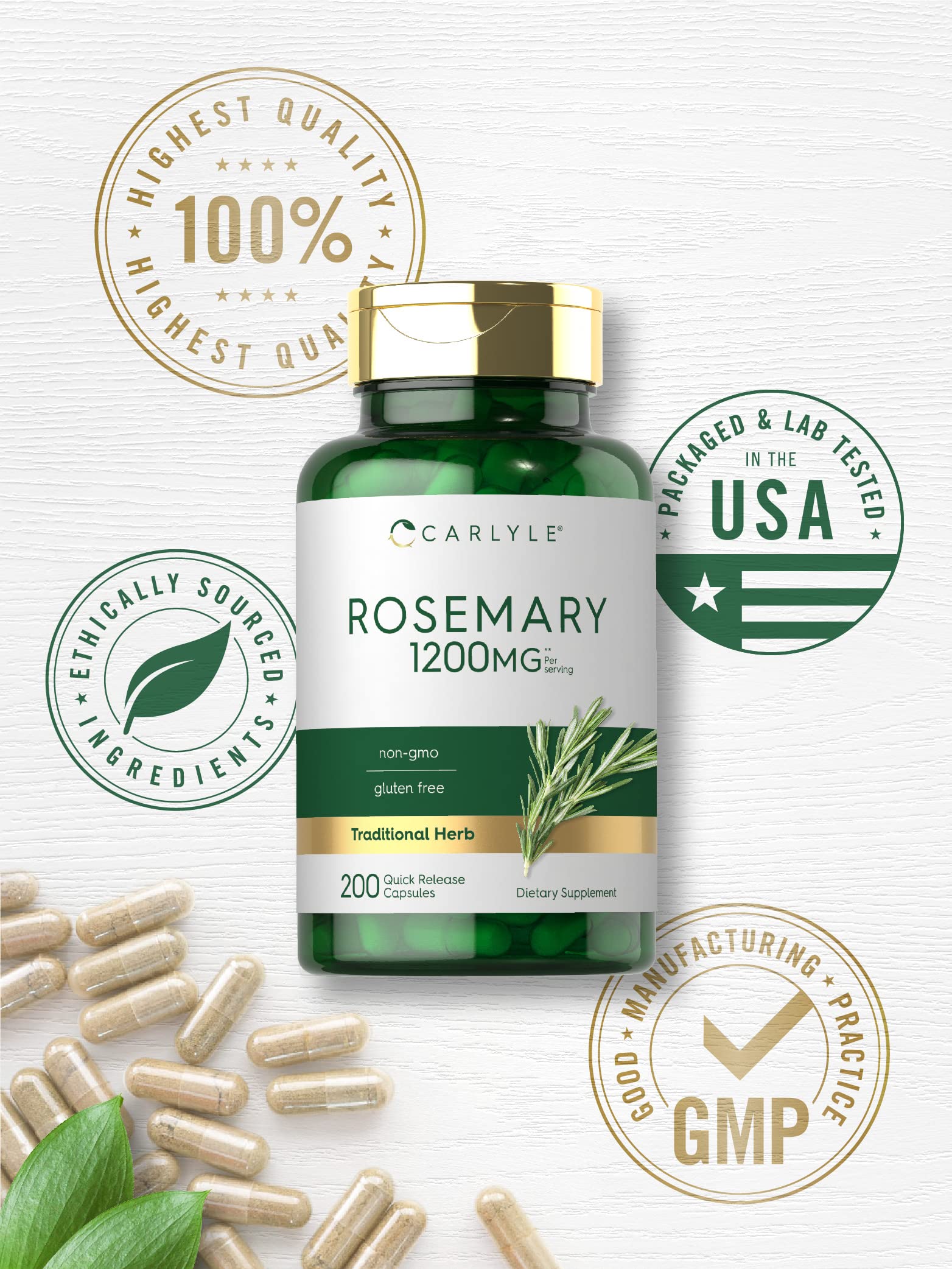 Carlyle Rosemary Capsules 1200mg | 200 Count | Non-GMO & Gluten-Free Extract