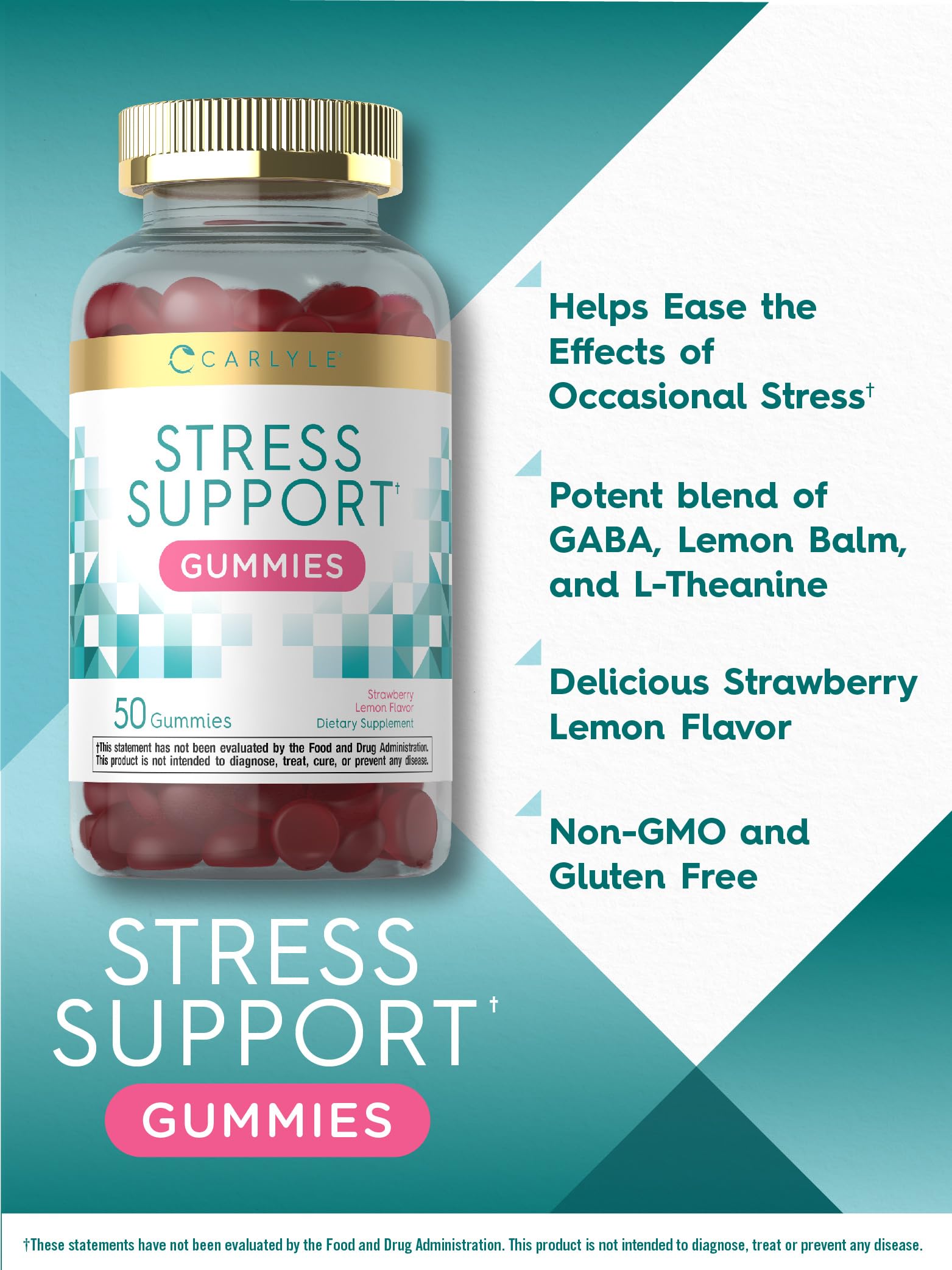 Carlyle Stress Support Gummies – 50 Count | GABA & L-Theanine | Strawberry Lemon | Non-GMO & Gluten Free