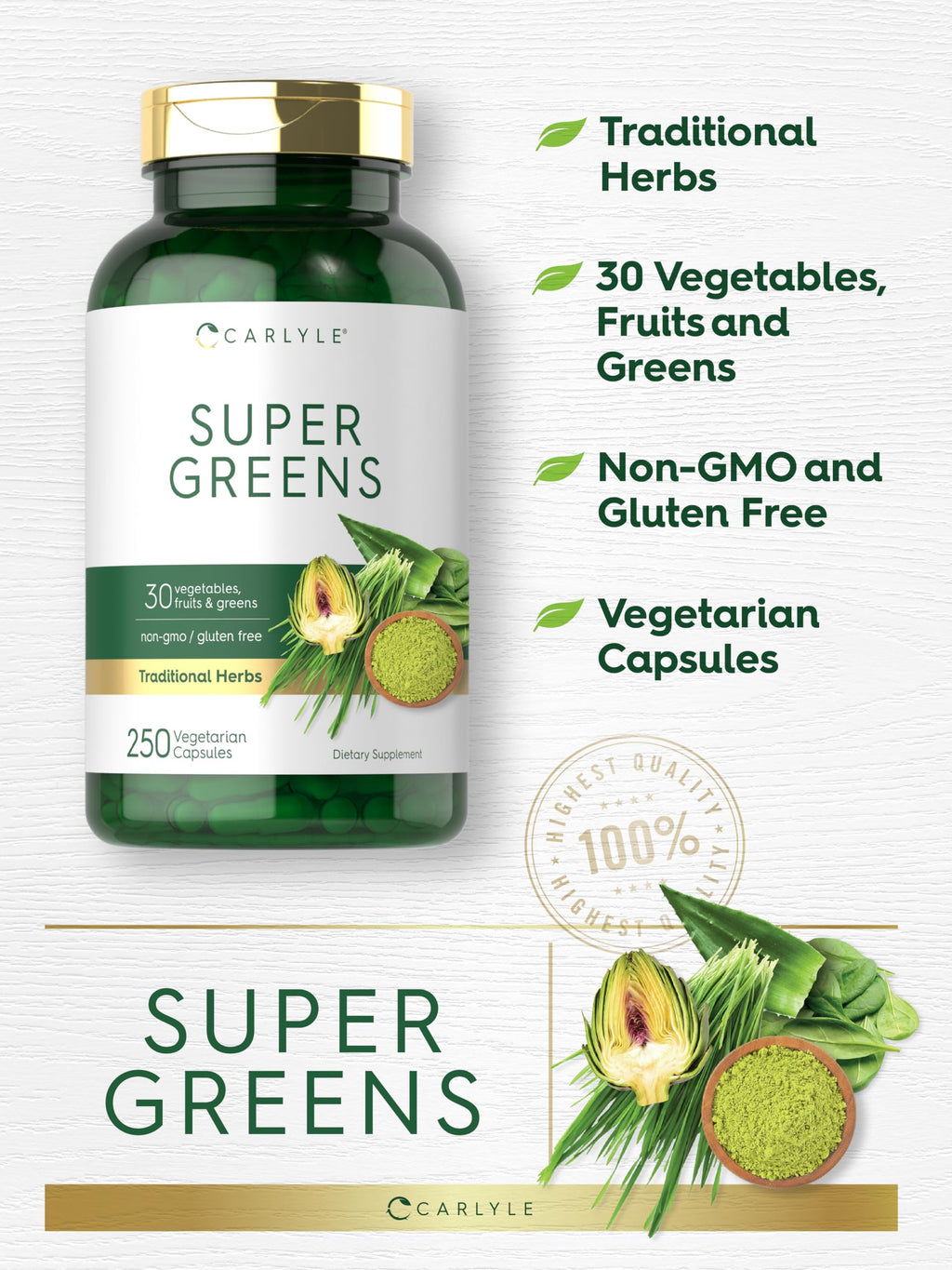 Carlyle Super Greens Capsules – 250 Count, Non-GMO & Gluten Free