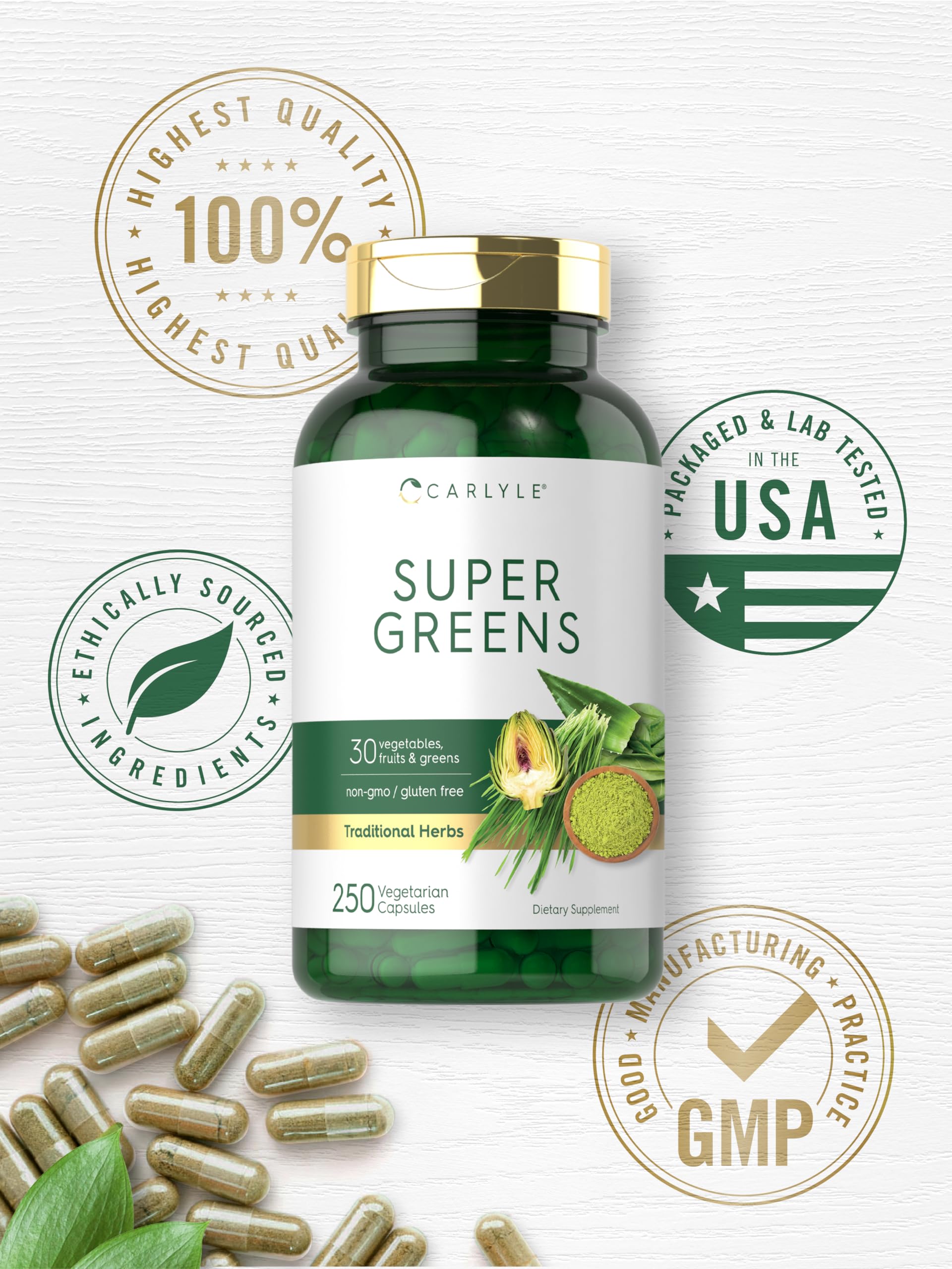Carlyle Super Greens Capsules – 250 Count, Non-GMO & Gluten Free