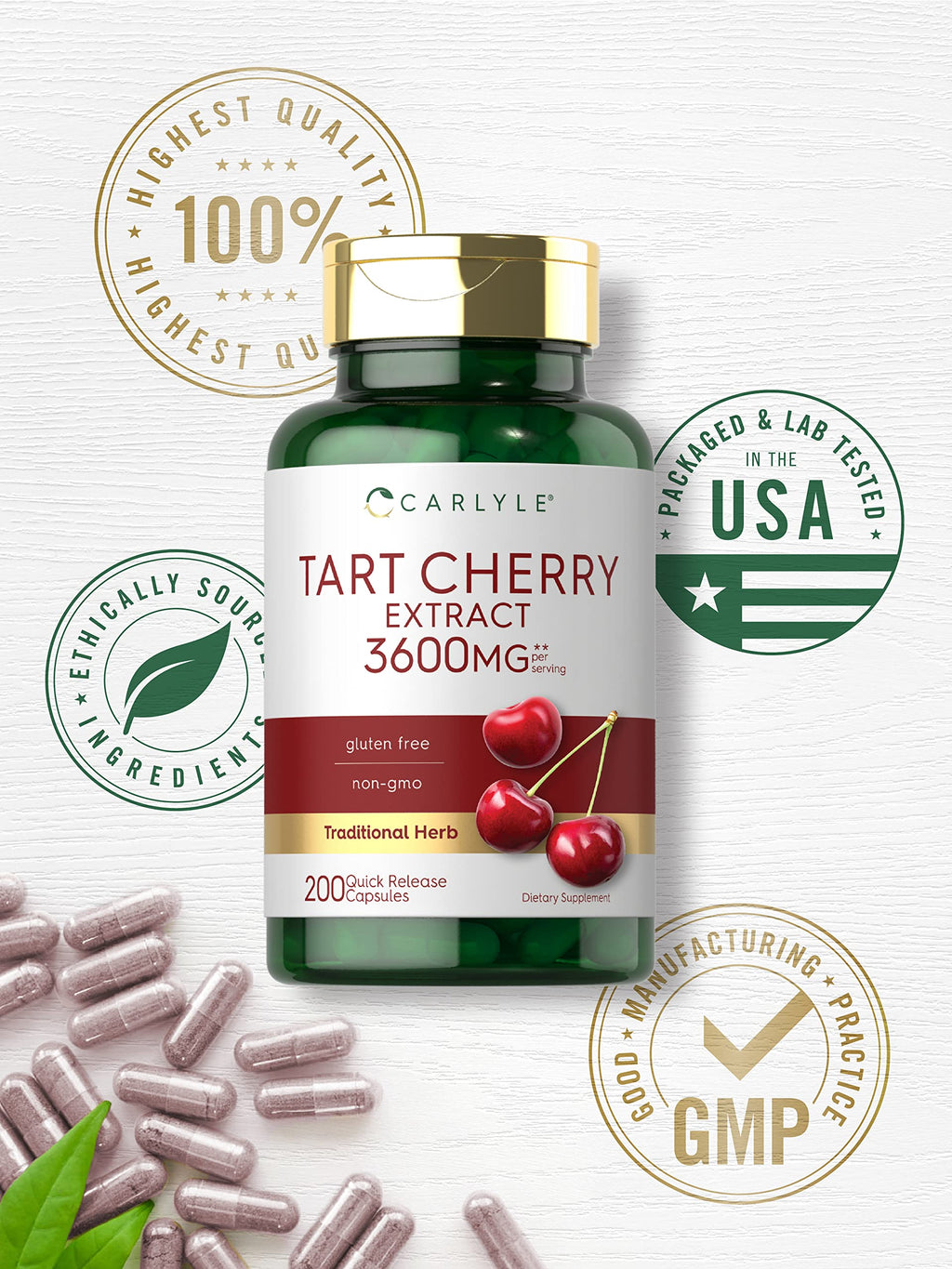 Carlyle Tart Cherry Extract Capsules – 200 Count, Non-GMO & Gluten Free (Pack of 2)