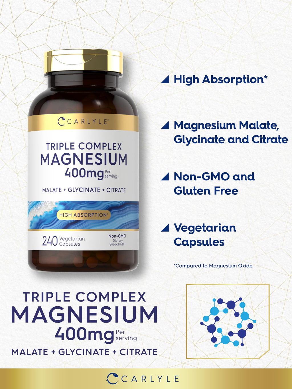 Carlyle Triple Magnesium Complex – 400 mg, 240 Capsules | Mg Malate, Glycinate & Citrate | Vegetarian, Non-GMO, Gluten Free