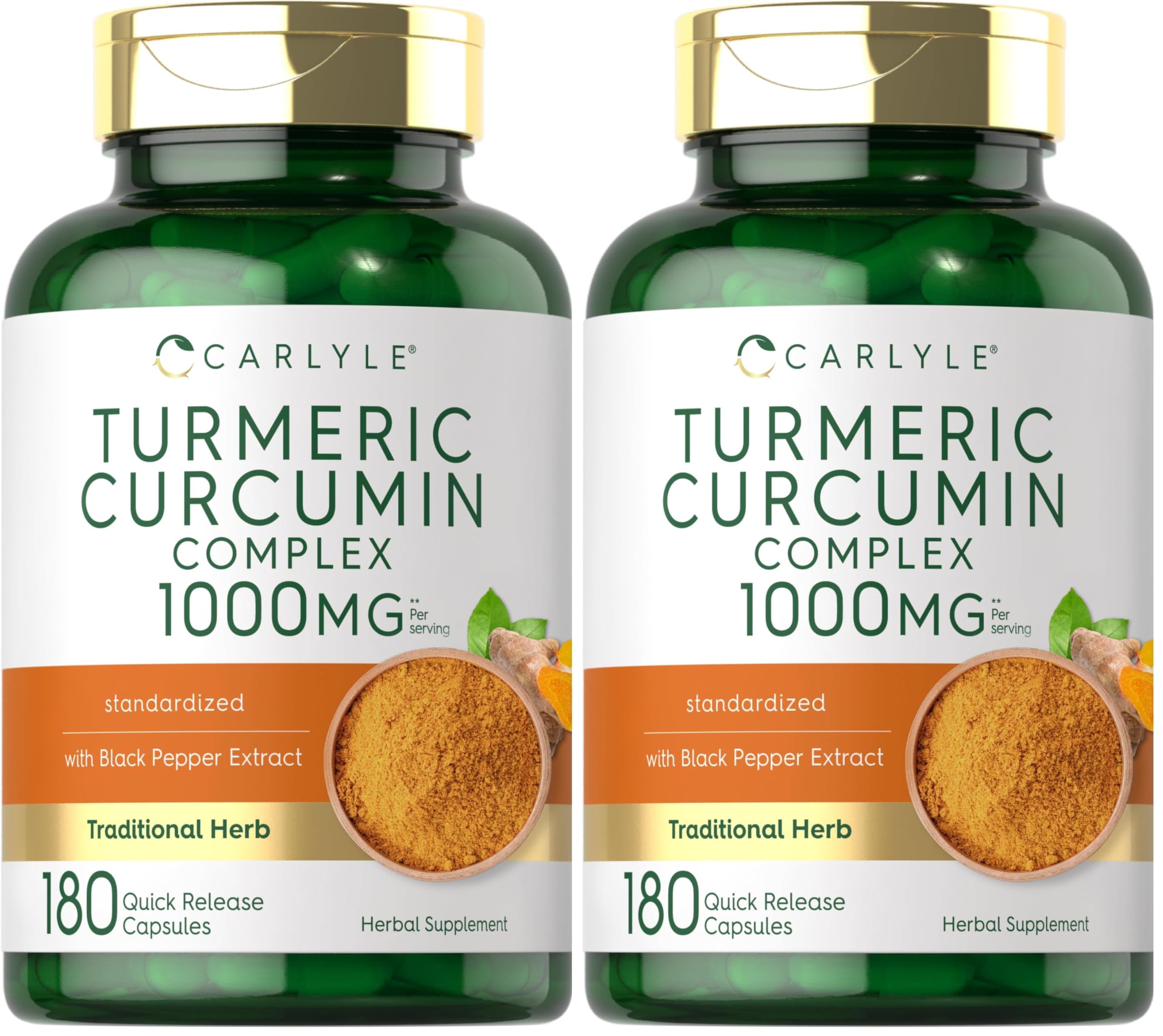 Carlyle Turmeric Curcumin with Black Pepper 1000mg - 180 Capsules | Non-GMO, Gluten Free (Pack of 2)