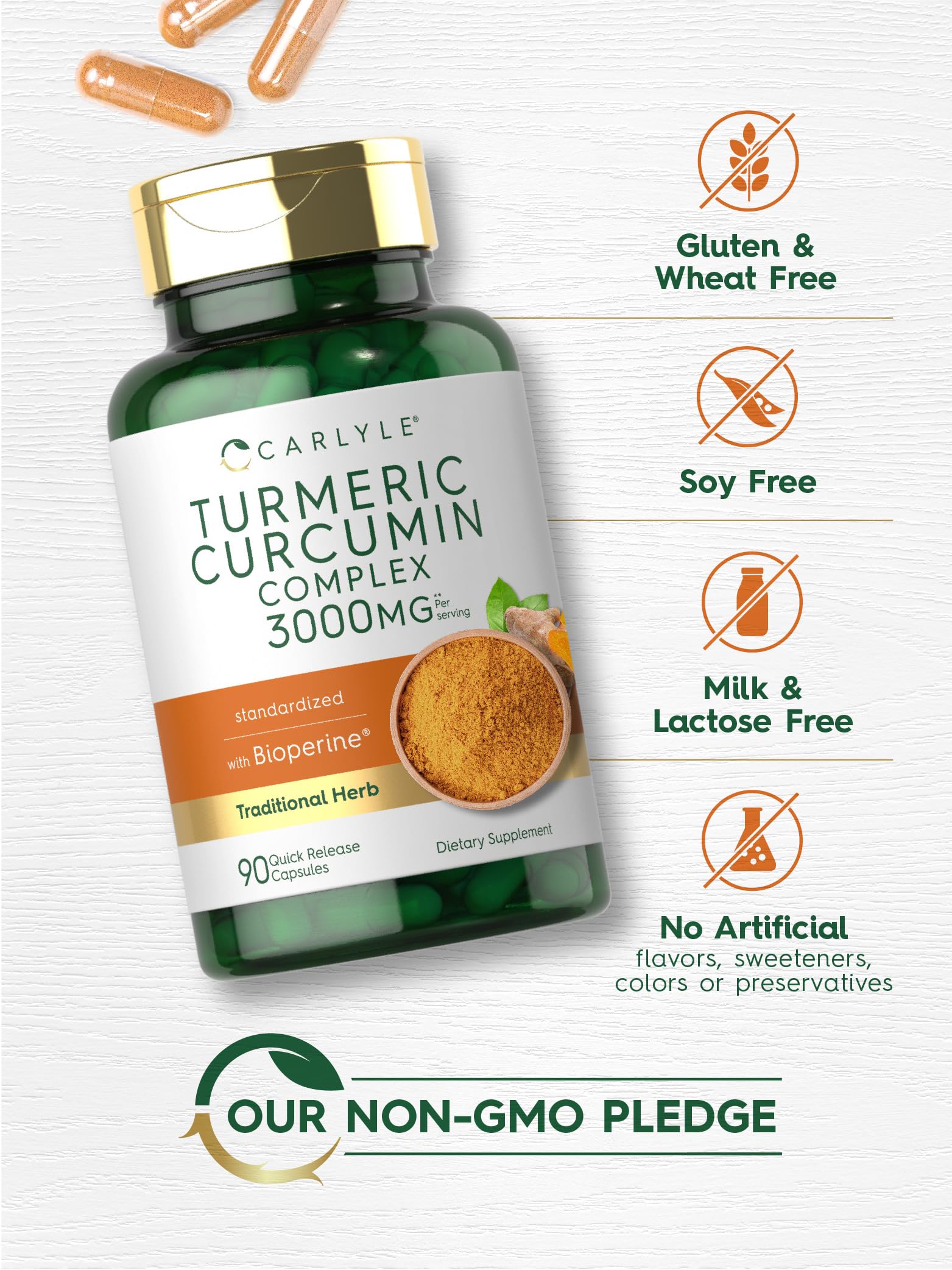 Carlyle Turmeric Curcumin 3000mg with Bioperine – 90 Capsules (Pack of 2) | Non-GMO, Gluten Free