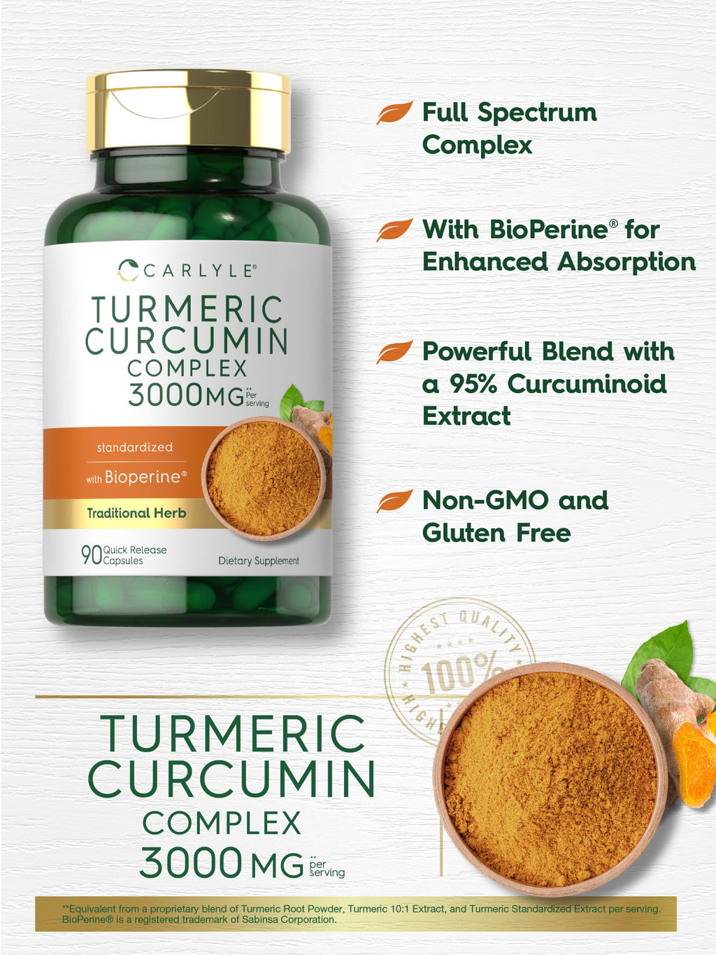 Carlyle Turmeric Curcumin 3000mg with Bioperine – 90 Capsules (Pack of 2) | Non-GMO, Gluten Free