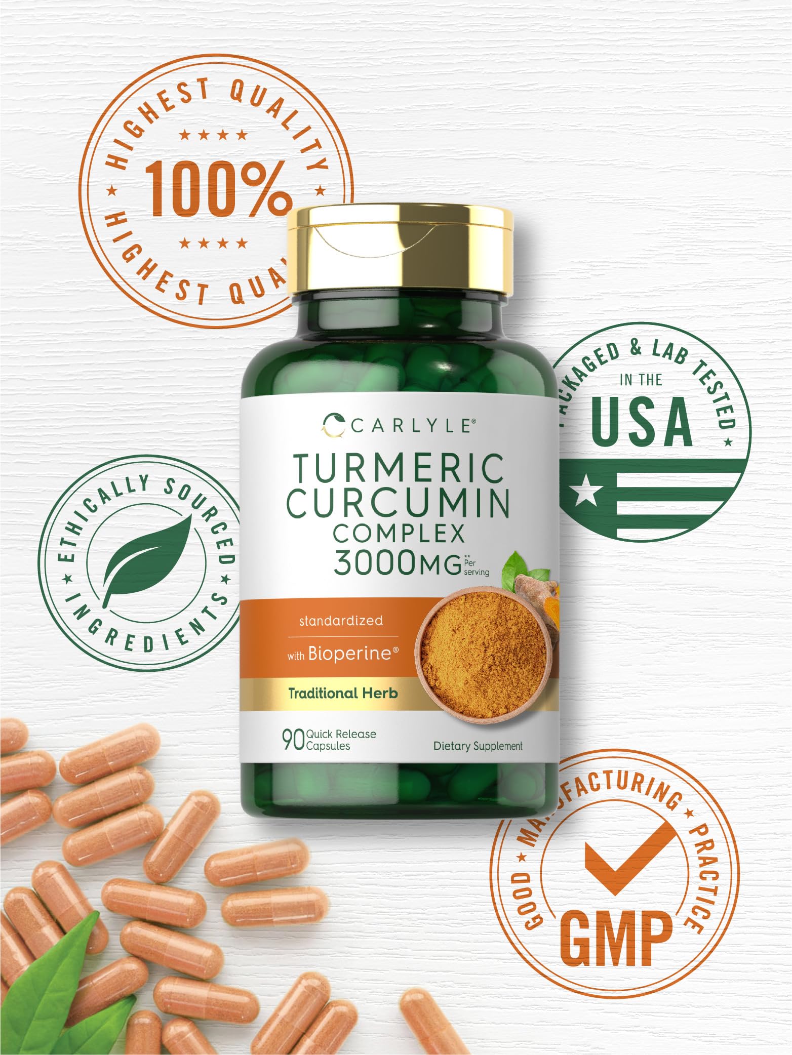 Carlyle Turmeric Curcumin 3000mg with Bioperine – 90 Capsules (Pack of 2) | Non-GMO, Gluten Free