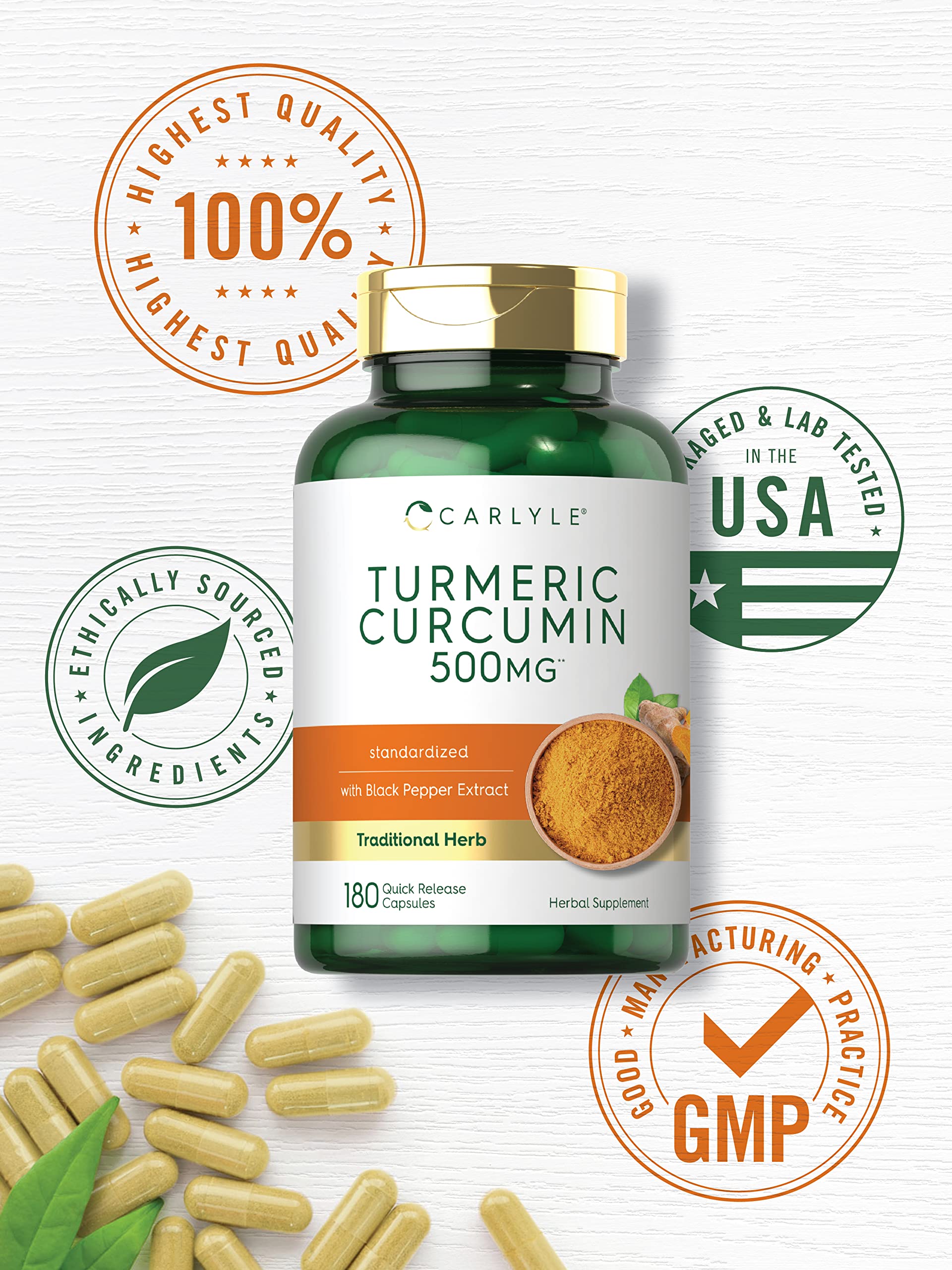 Carlyle Turmeric Curcumin 500 mg - 360 Capsules (Pack of 2) with Black Pepper Extract
