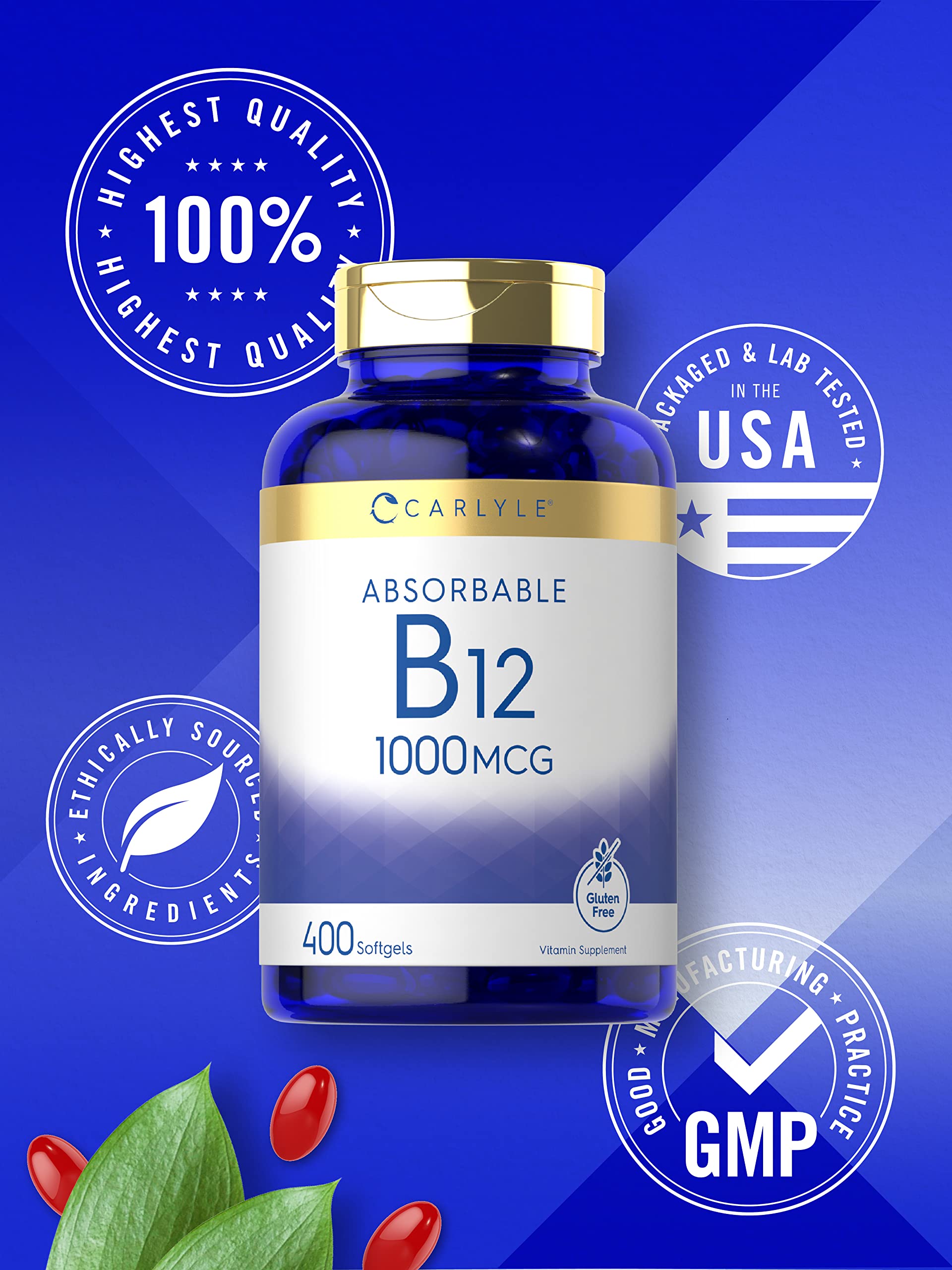 Carlyle Vitamin B12 1000 mcg Absorbable | 400 Softgels | Non-GMO, Gluten Free