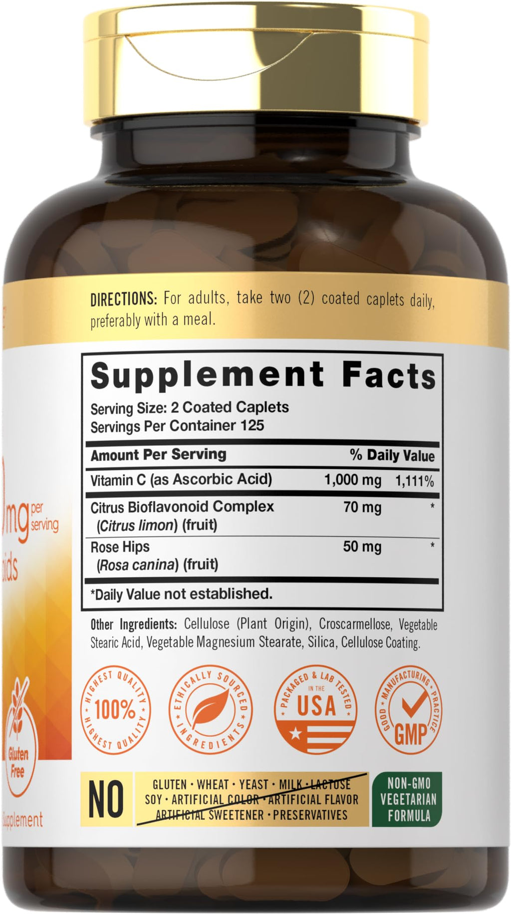 Carlyle Vitamin C 1000mg with Bioflavonoids | 250 Caplets | Vegetarian, Non-GMO, Gluten Free