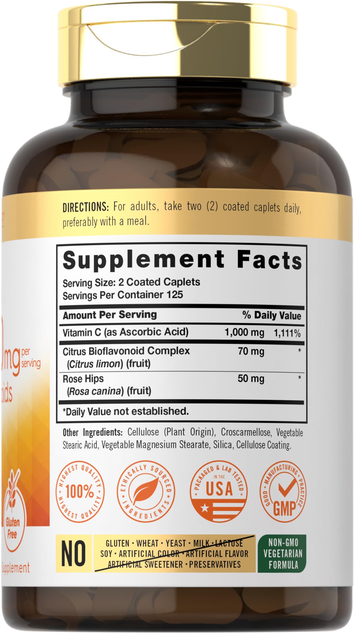 Carlyle Vitamin C 1000mg with Bioflavonoids | 250 Caplets | Vegetarian, Non-GMO, Gluten Free