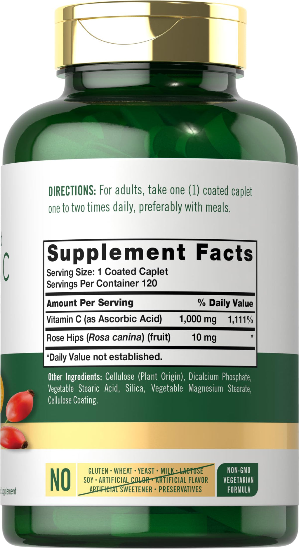 Carlyle Vitamin C 1000mg | Timed Release | 120 Vegetarian Caplets | Rose Hips | Non-GMO & Gluten Free