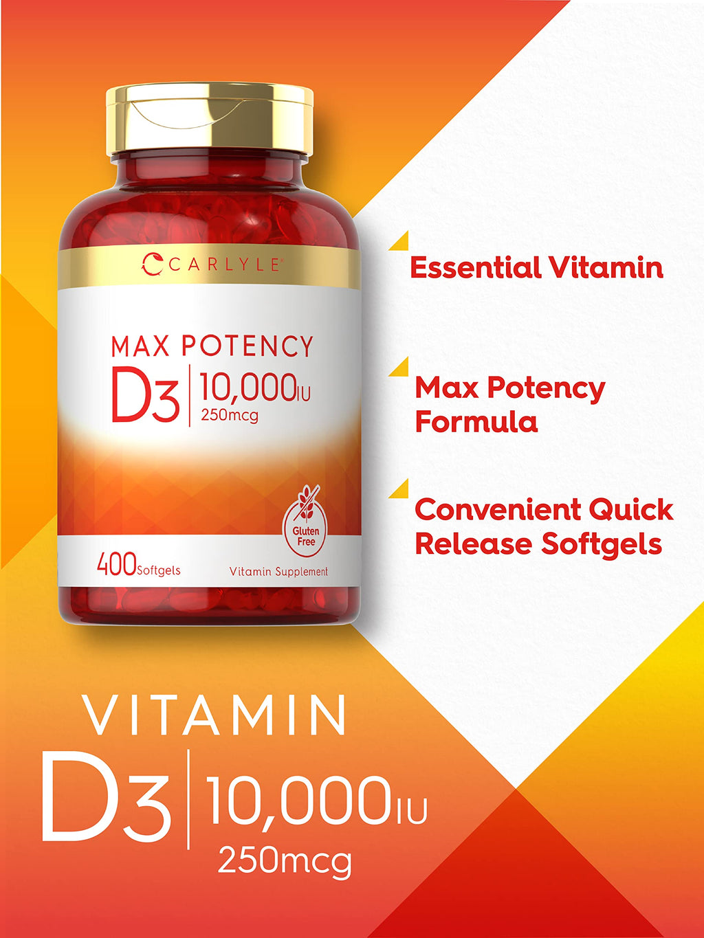 Carlyle Vitamin D3 10,000 IU – 400 Softgels (2-Pack) | Value Size, Max Potency | Non-GMO & Gluten Free