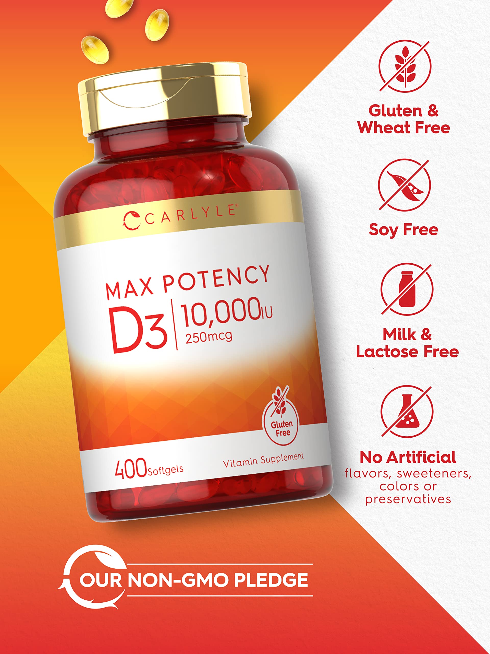 Carlyle Vitamin D3 10,000 IU – 400 Softgels (2-Pack) | Value Size, Max Potency | Non-GMO & Gluten Free