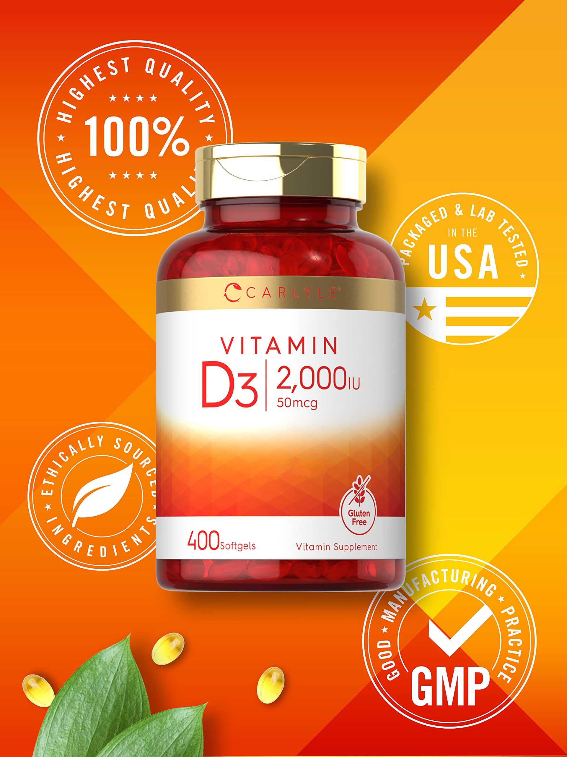 Carlyle Vitamin D3 2000IU Softgels - 400 Count | Non-GMO, Gluten Free | 50 mcg