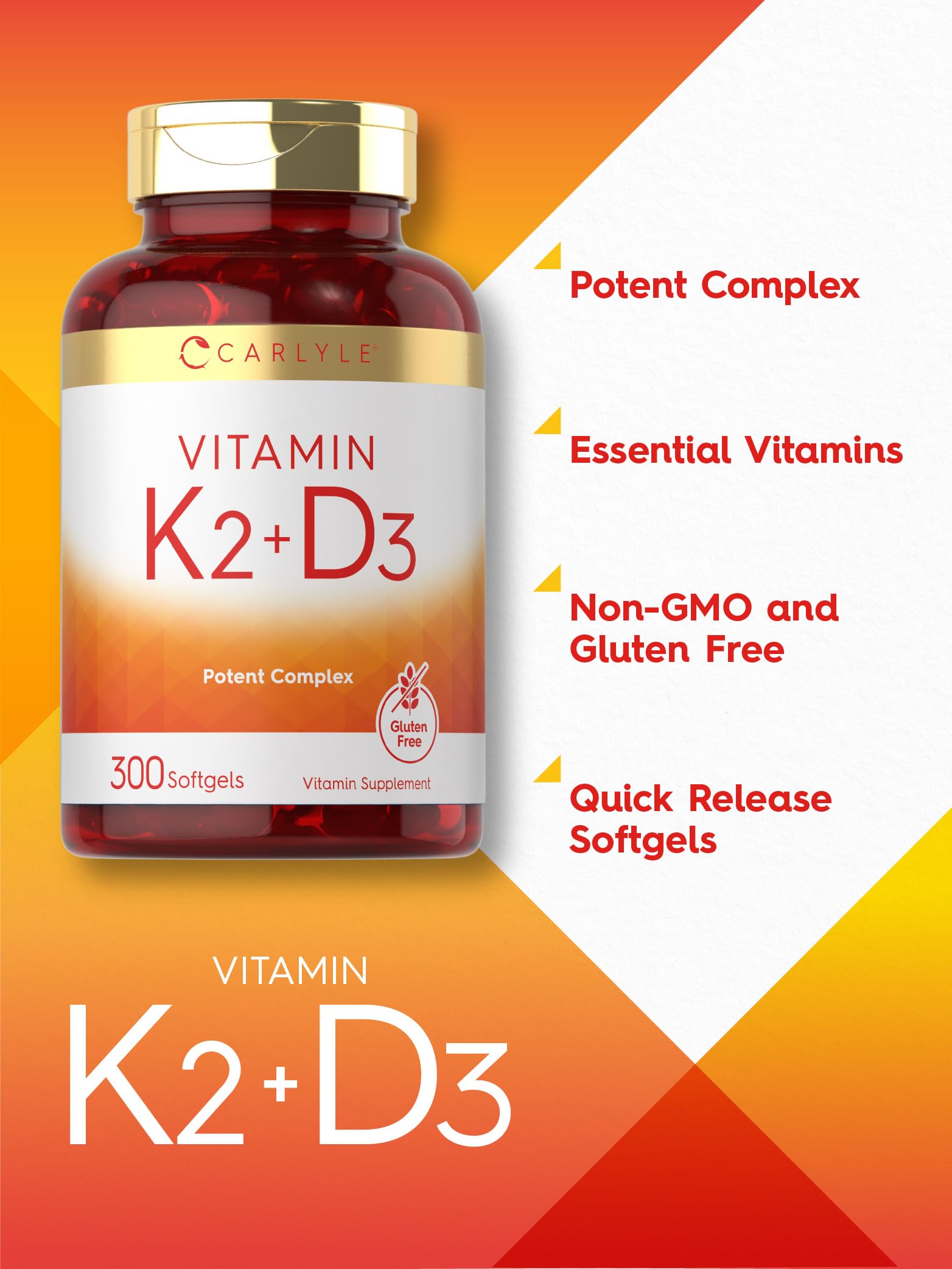 Vitamin K2 + D3 Supplement for Bone Health - Carlyle 300 Softgels | 200 mcg K2 MK-7 & 10,000 IU D3 | Non-GMO, Gluten Free (Pack of 2)