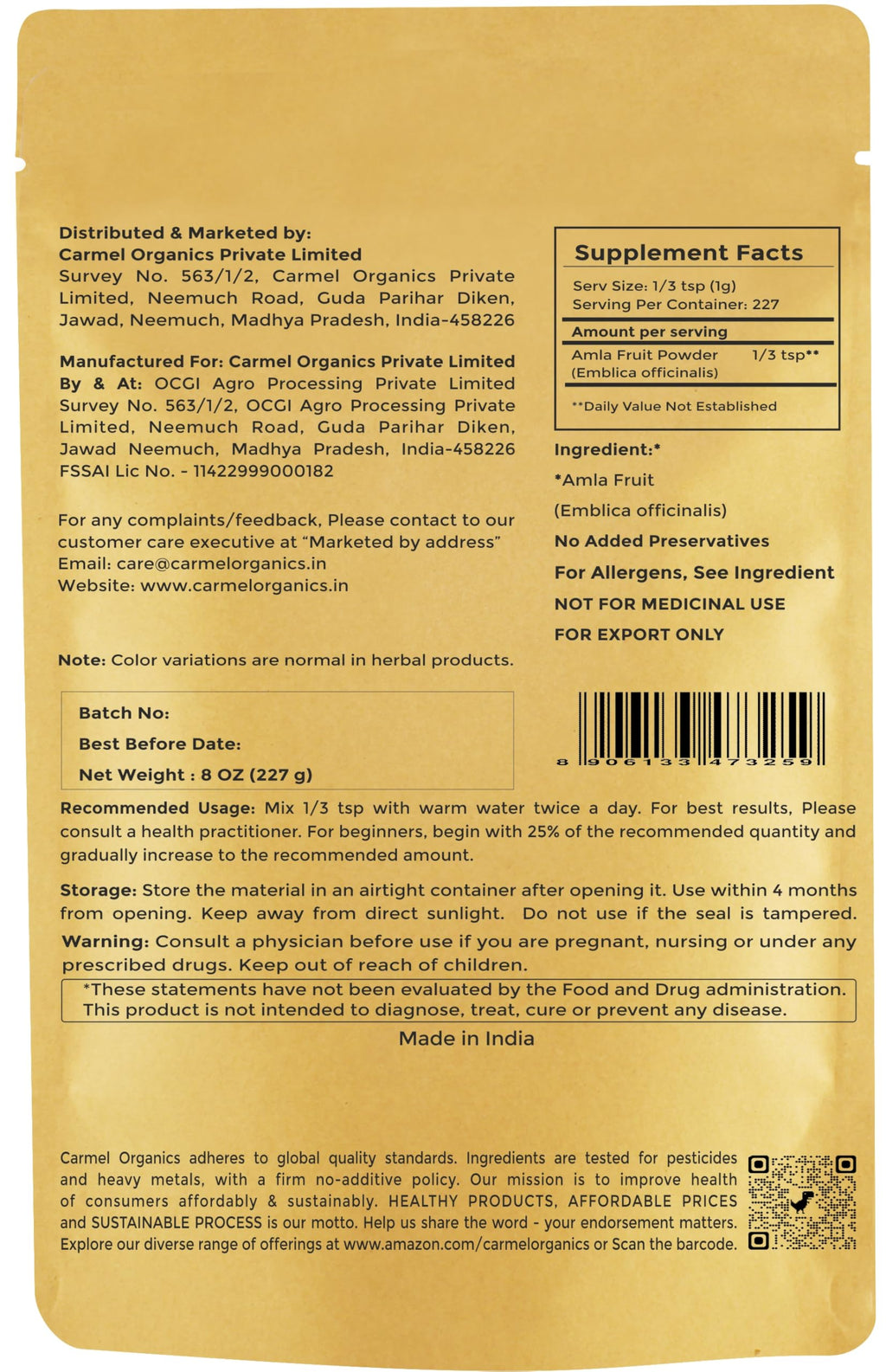 Carmel Organics Amla Powder (8 oz) – Hair & Skin Care, Wellness | Non-GMO