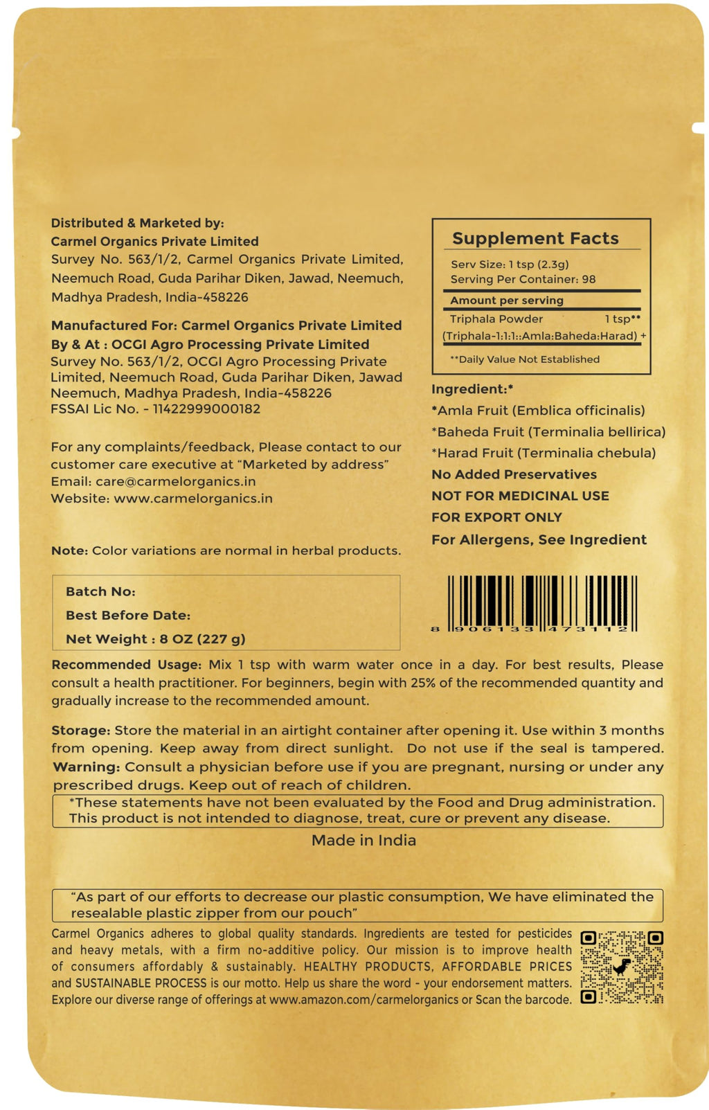Carmel Organics Triphala Powder (8 oz) for Digestive Support - No Preservatives | Harad, Baheda & Amla