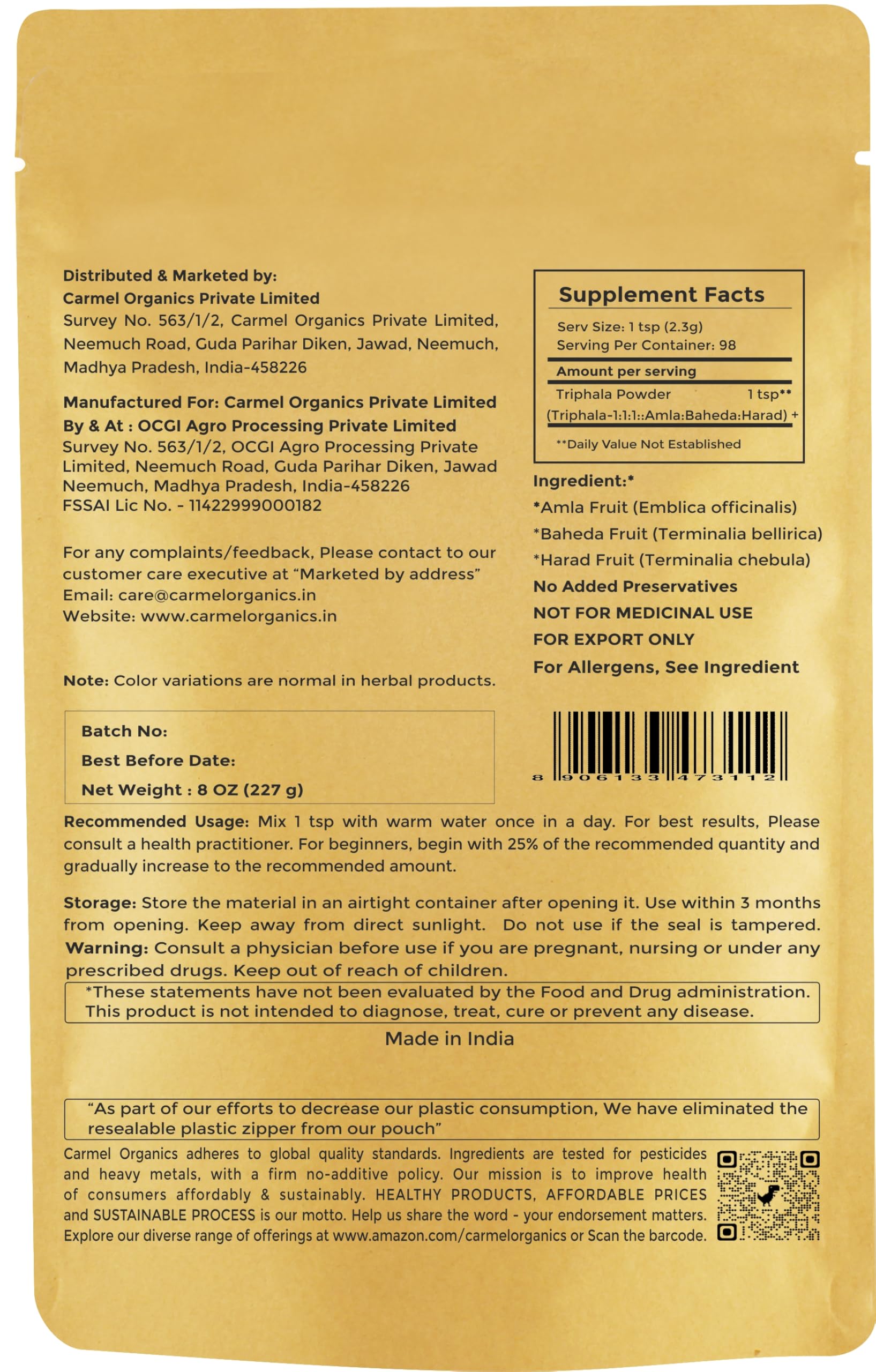 Carmel Organics Triphala Powder (8 oz) for Digestive Support - No Preservatives | Harad, Baheda & Amla