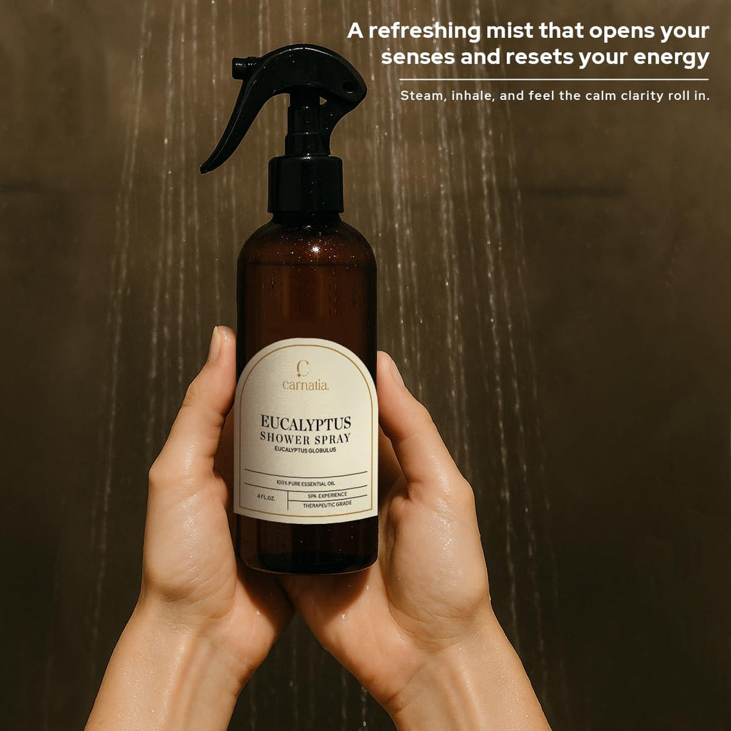 Carnatia Eucalyptus Shower Spray – Aromatherapy Essential Oil Mist for Showers | Spa-Like Refreshing Steam Experience | 4 fl oz Trigger Pump Spray for Clarity & Calm