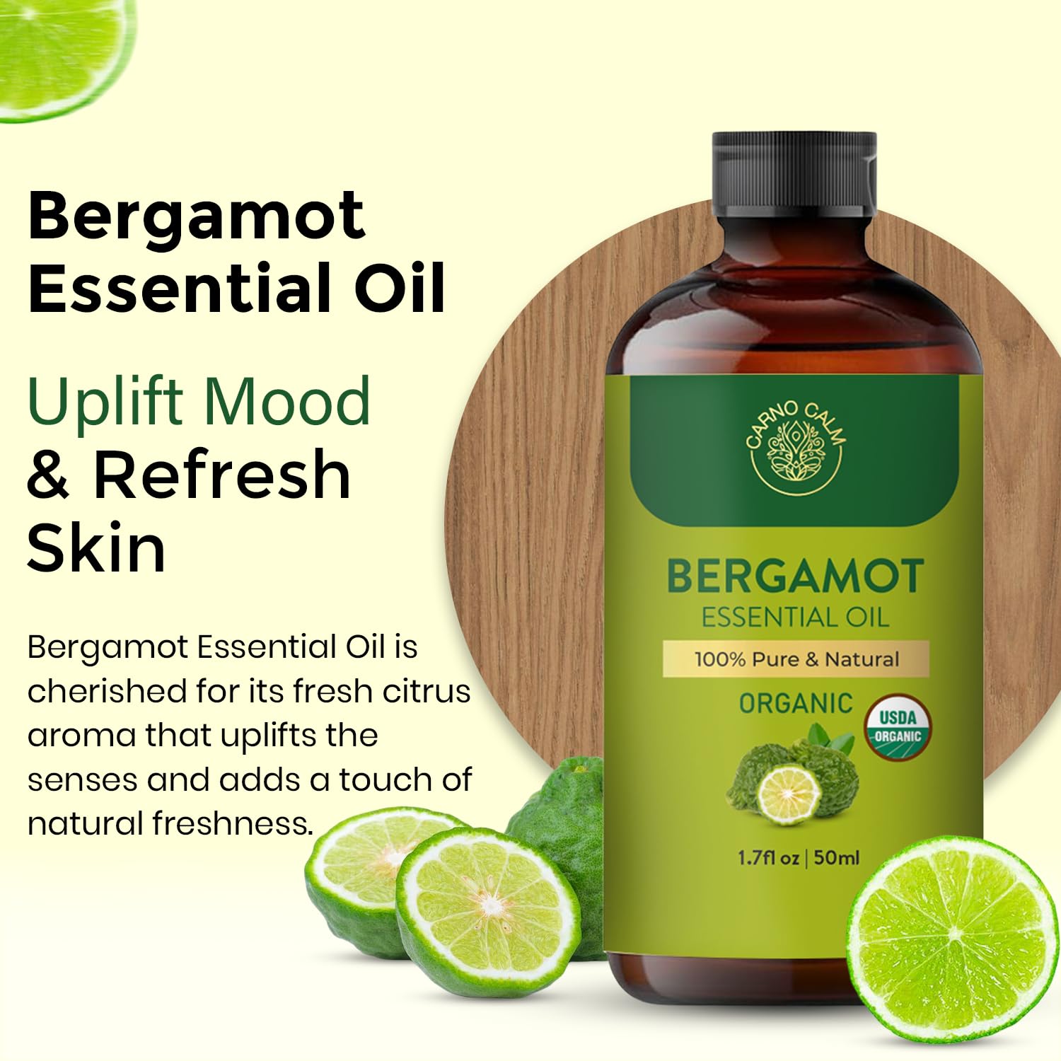 Carno Calm Bergamot Essential Oil | USDA Certified Organic | Bergamot Oil for Skin, Hair, Aromatherapy, Soap & Candle Making | 1.7 fl. oz