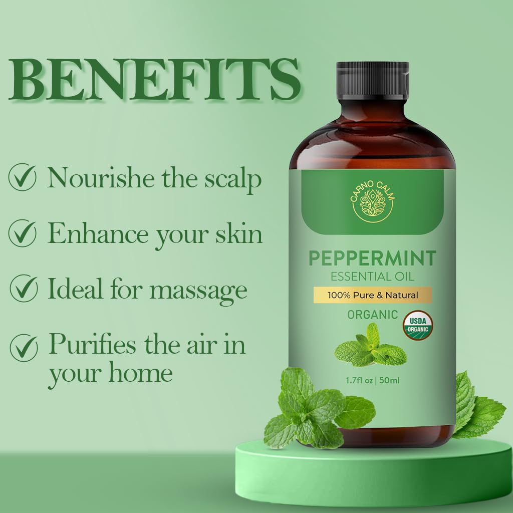 Carno Calm Peppermint Essential Oil – USDA Organic | 1.7 fl oz | Diffuser, Skin, DIY Soaps & Candles