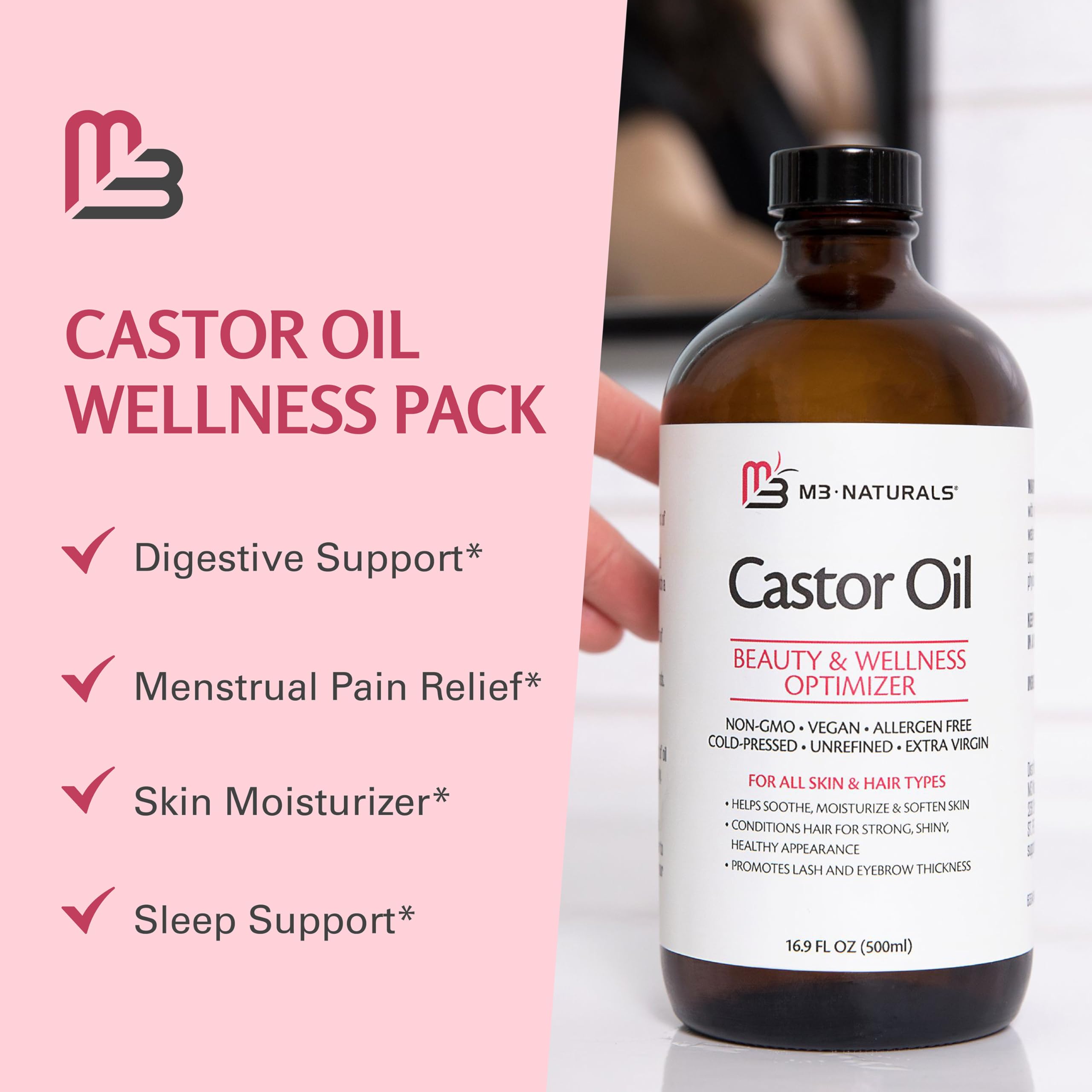Pure Castor Oil Pack Kit, Large – Hexane-Free Cold-Pressed Castor Oil in Glass Bottle with Adjustable Reusable Organic Cotton Wrap | M3 Naturals