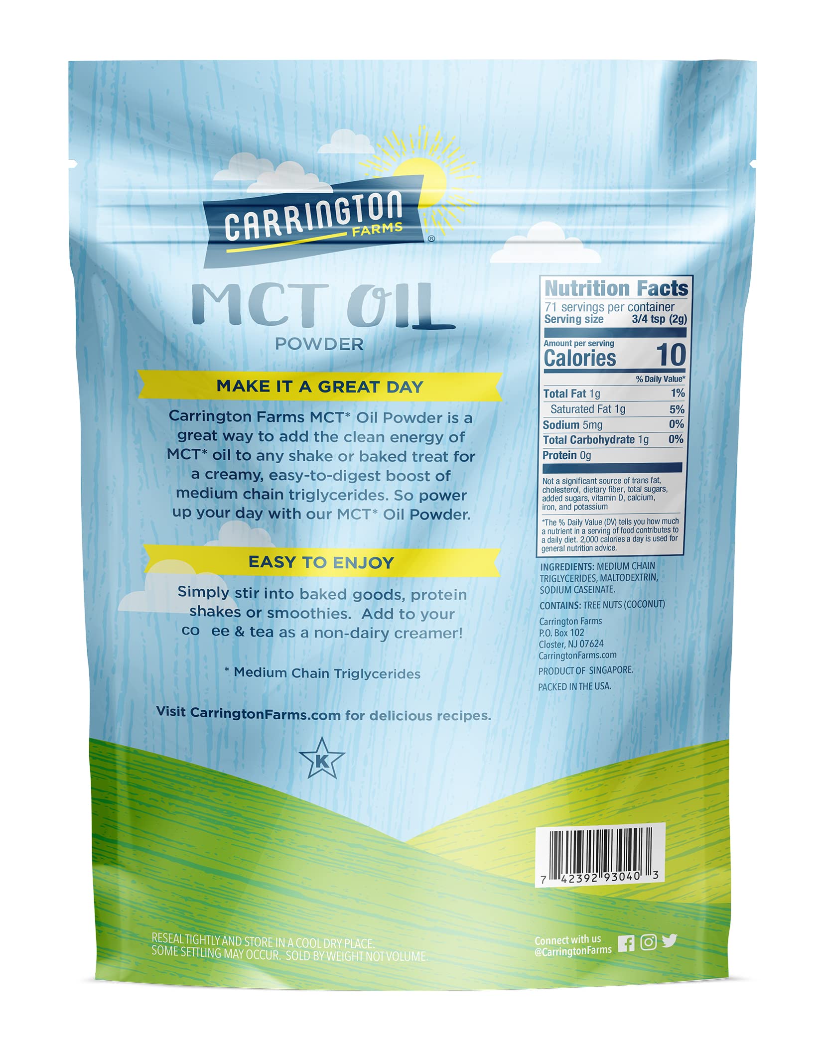 Carrington Farms – Organic MCT Oil Powder – Gluten Free, Hexane Free – Non-GMO – Keto Friendly & Dairy Free