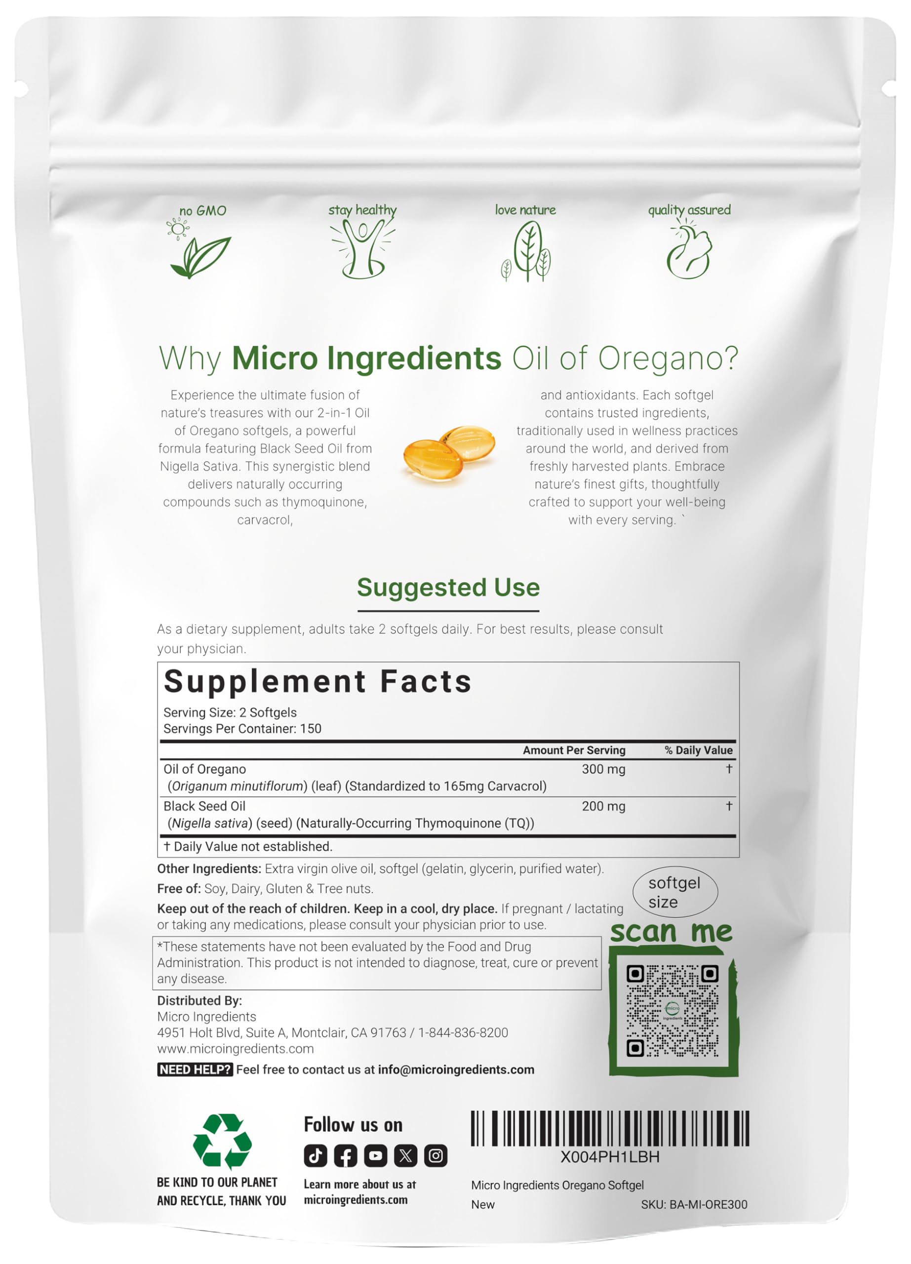 Oil of Oregano Softgels 300 Count – 2-in-1 Black Seed Oil (4X Carvacrol)