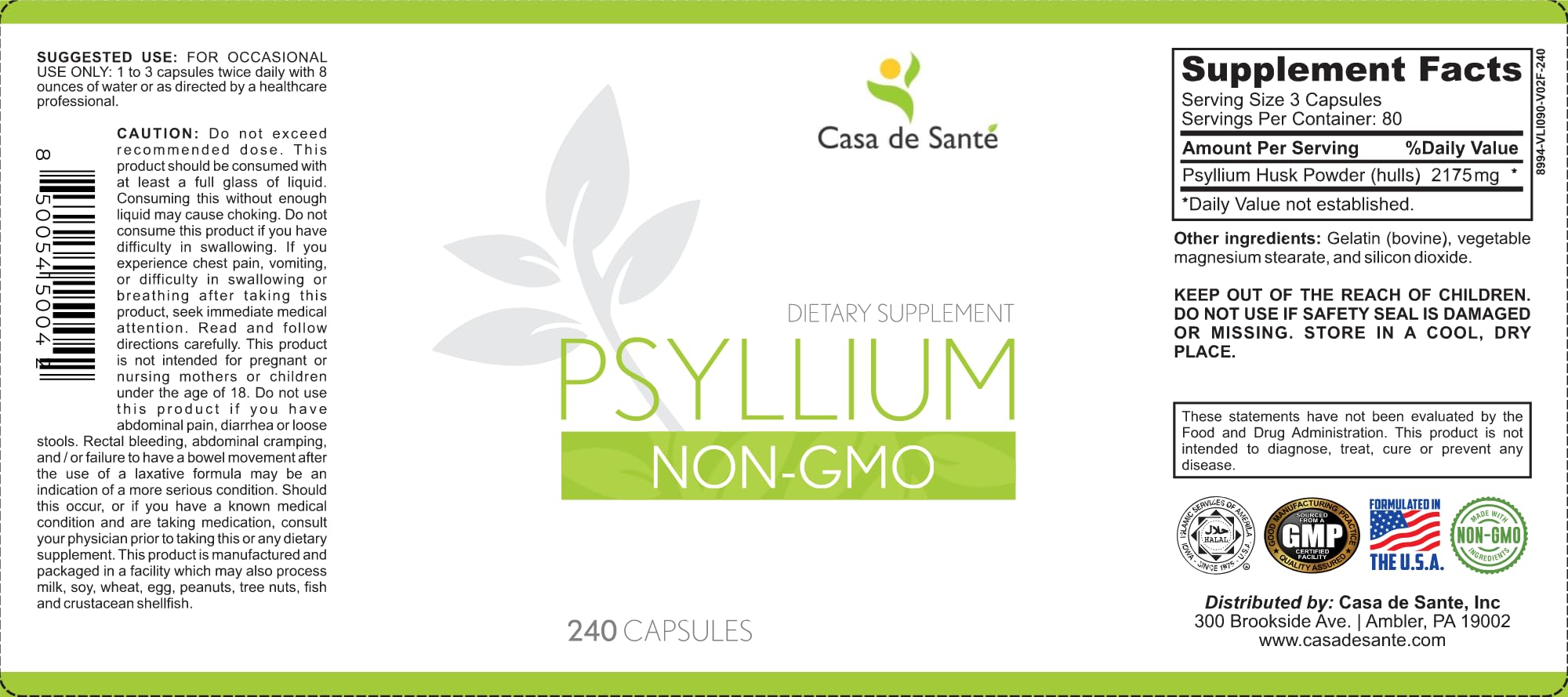 Casa de Sante Psyllium Husk Powder – Organic, Non-GMO, Low FODMAP Fiber