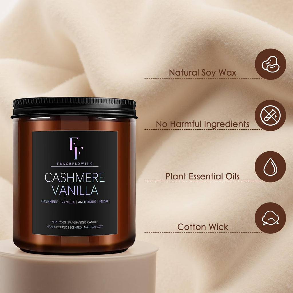 Cashmere Vanilla Scented Candle – 7oz Soy Wax, Aromatherapy Gift for Women & Men