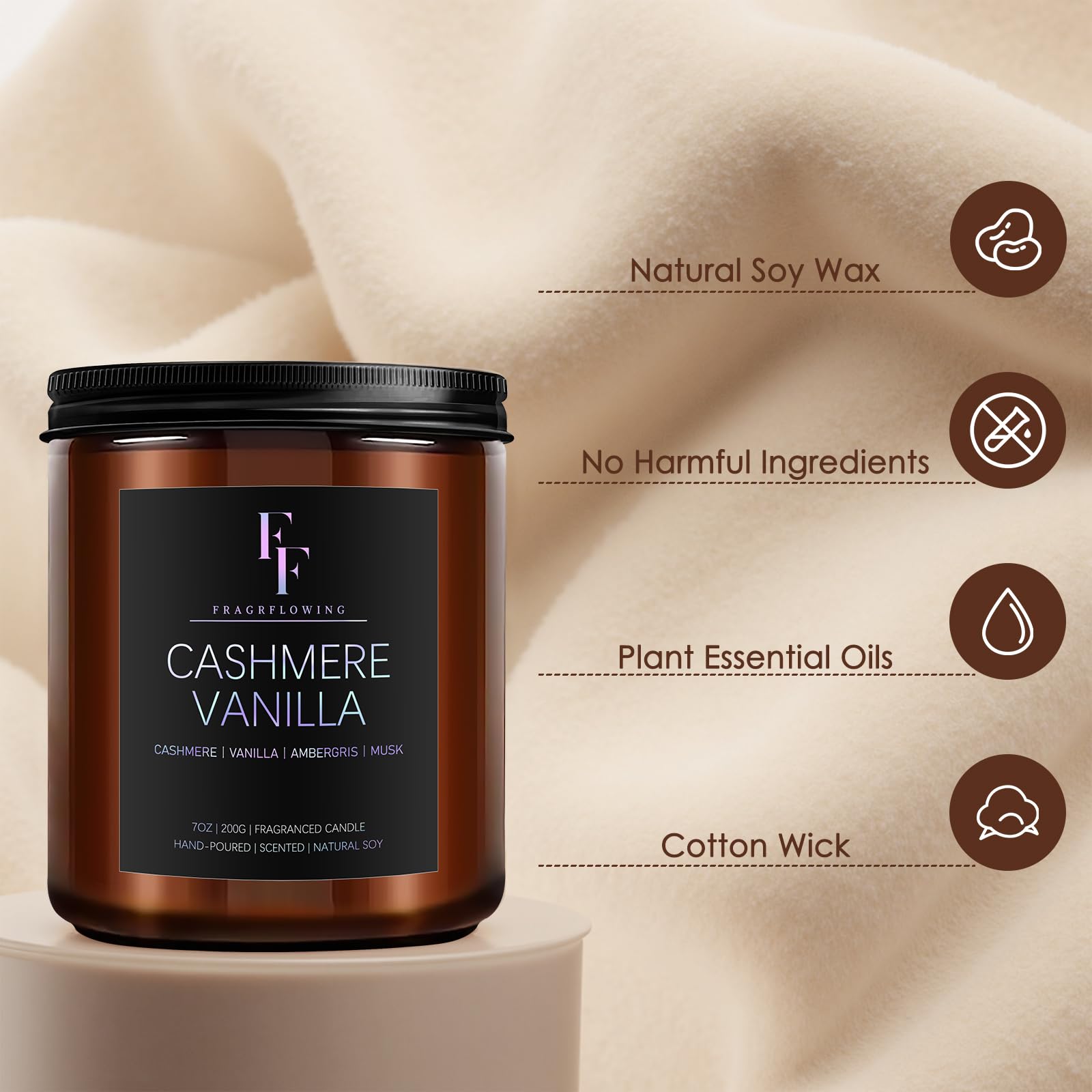 Cashmere Vanilla Scented Candle – 7oz Soy Wax, Aromatherapy Gift for Women & Men