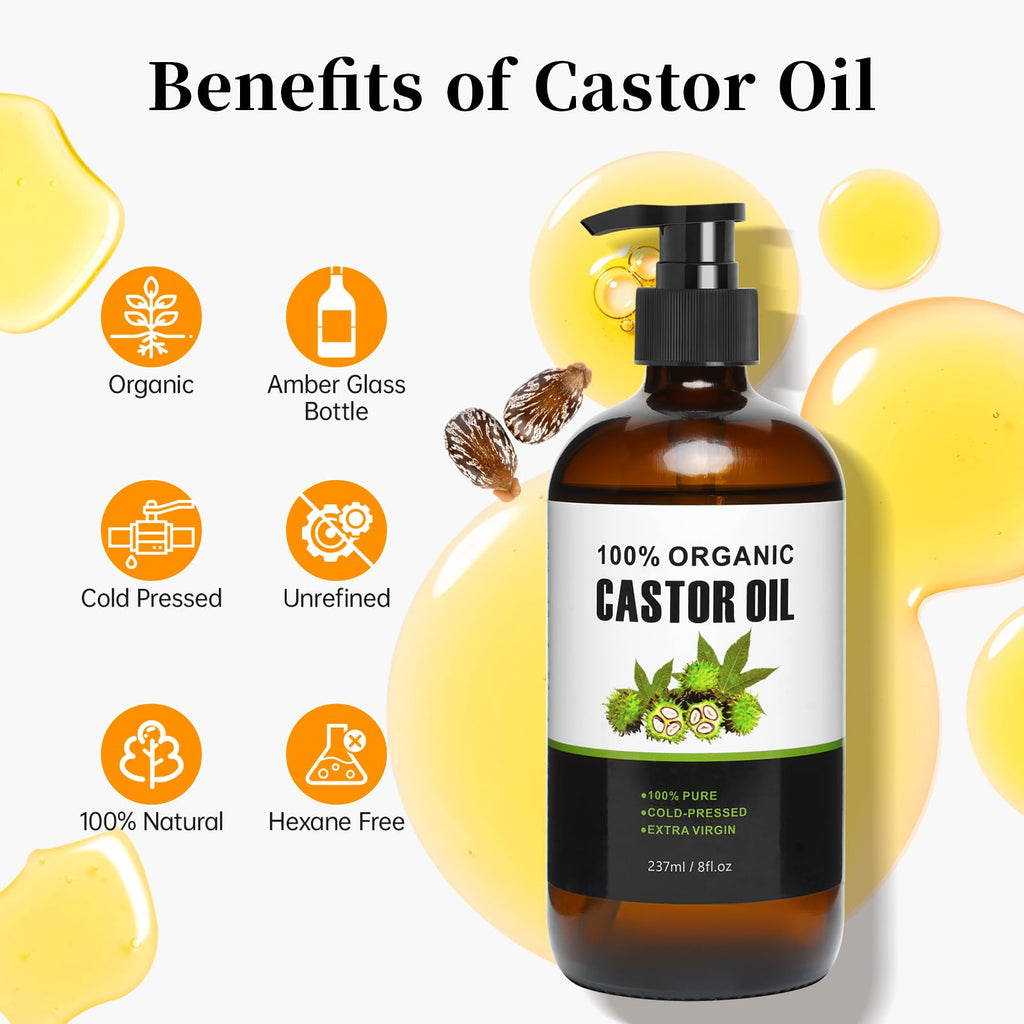 60 Pcs Castor Oil Pack Kit – Self-Adhesive Patches + 8oz Organic Castor Oil