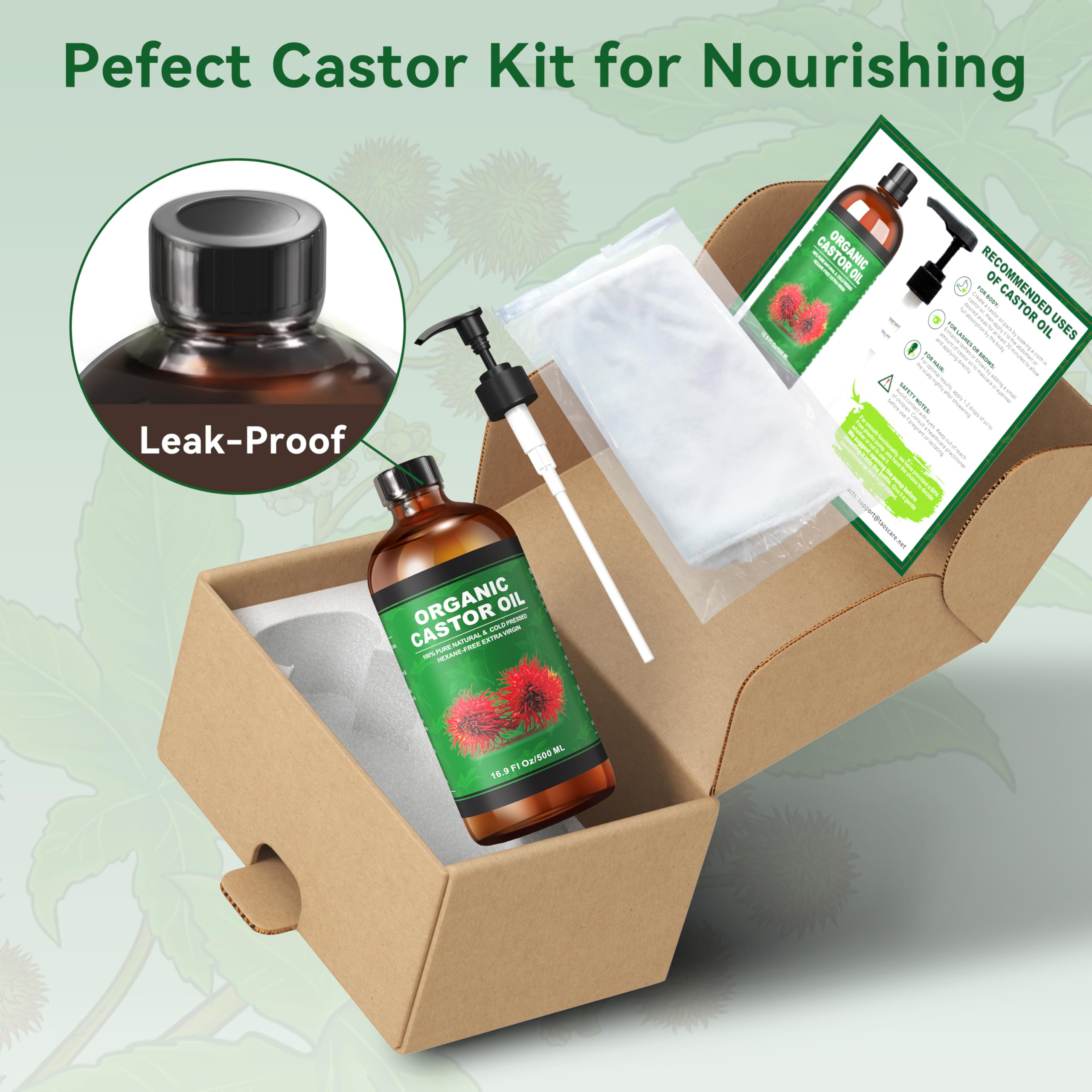 Taoscare Organic Castor Oil 16.9 oz – Cold Pressed, Unrefined in Glass Bottle | 4-Pack Castor Oil Pack Wrap Kit