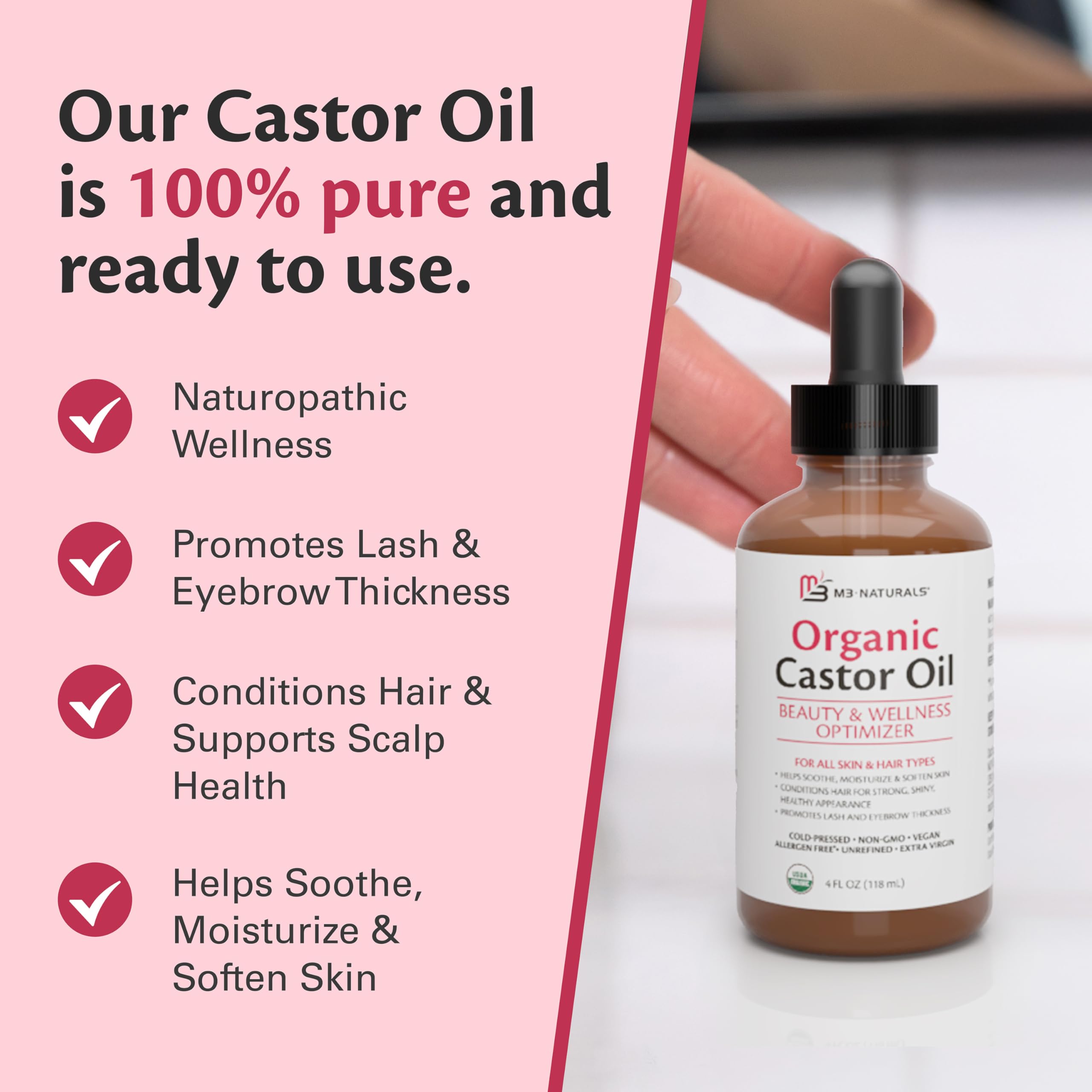 100% Pure Organic Castor Oil for Hair, Lash and Eyebrow Growth, Lymphatic Drainage and Skin Hydration | Hexane-Free, Cold Pressed, Unrefined in a 4 fl oz Glass Bottle with Dropper