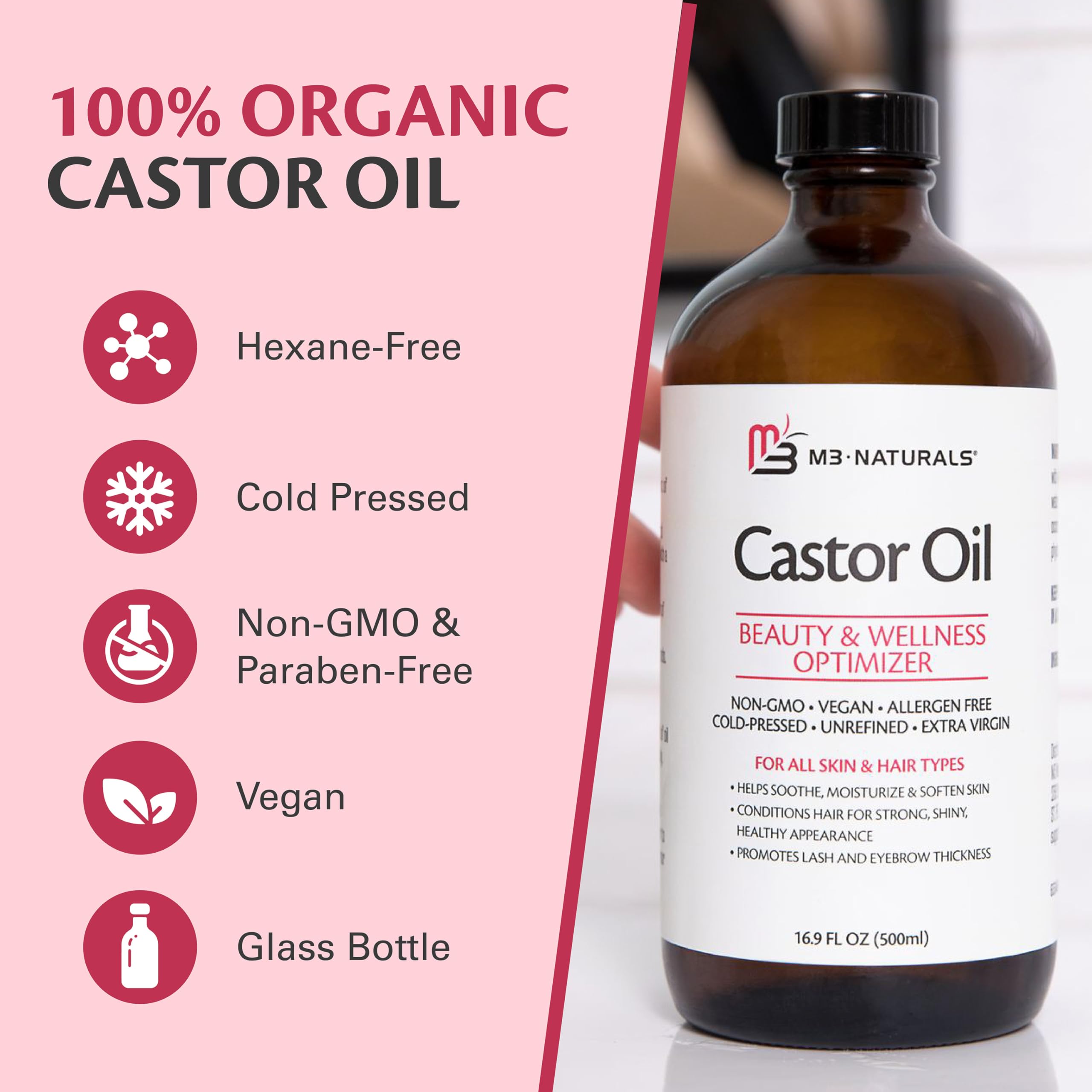 100% Pure Organic Castor Oil – Hair & Skin Care, Hexane-Free, Cold Pressed, 500ml Glass Bottle