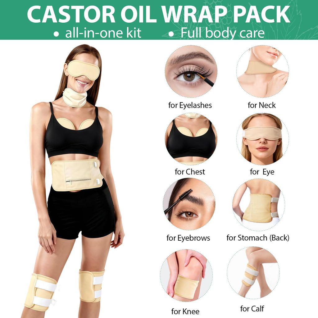 Castor Oil Pack Wrap Full-Body Set – Organic 8 oz Castor Oil, Reusable Cotton Wraps, Leak-Proof & Adjustable